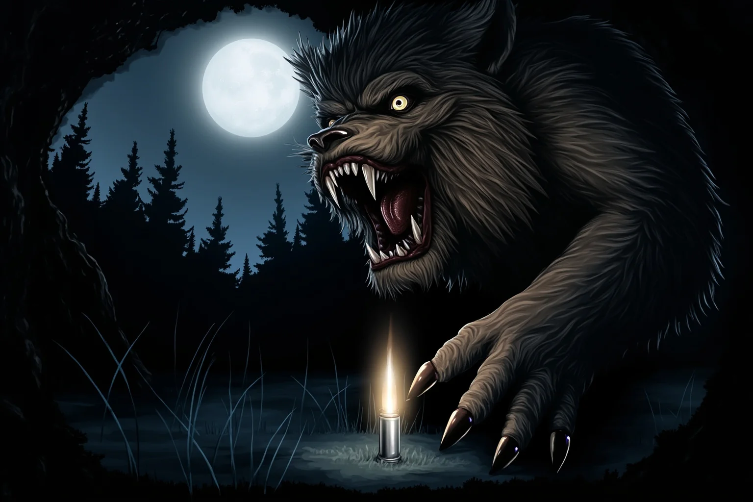 A snarling werewolf under a full moon with a glowing silver bullet in the foreground, moody forest illustration