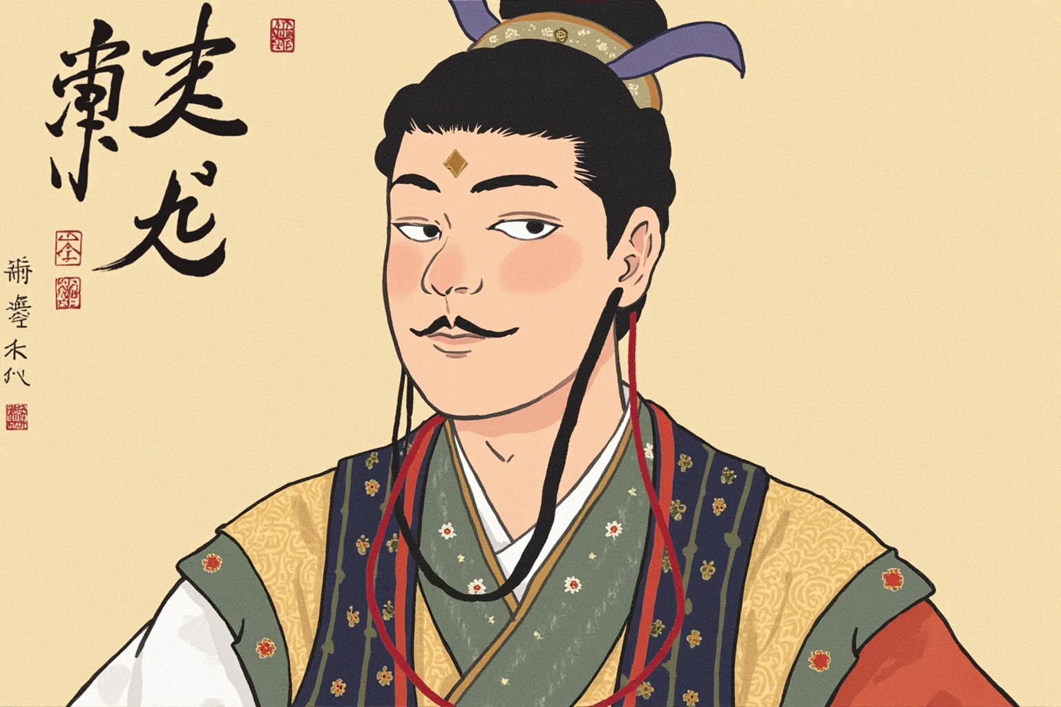 Illustrated portrait of a young nobleman in early 7th-century Chinese aristocratic robes, symbolizing a founder's son, non-photorealistic art style
