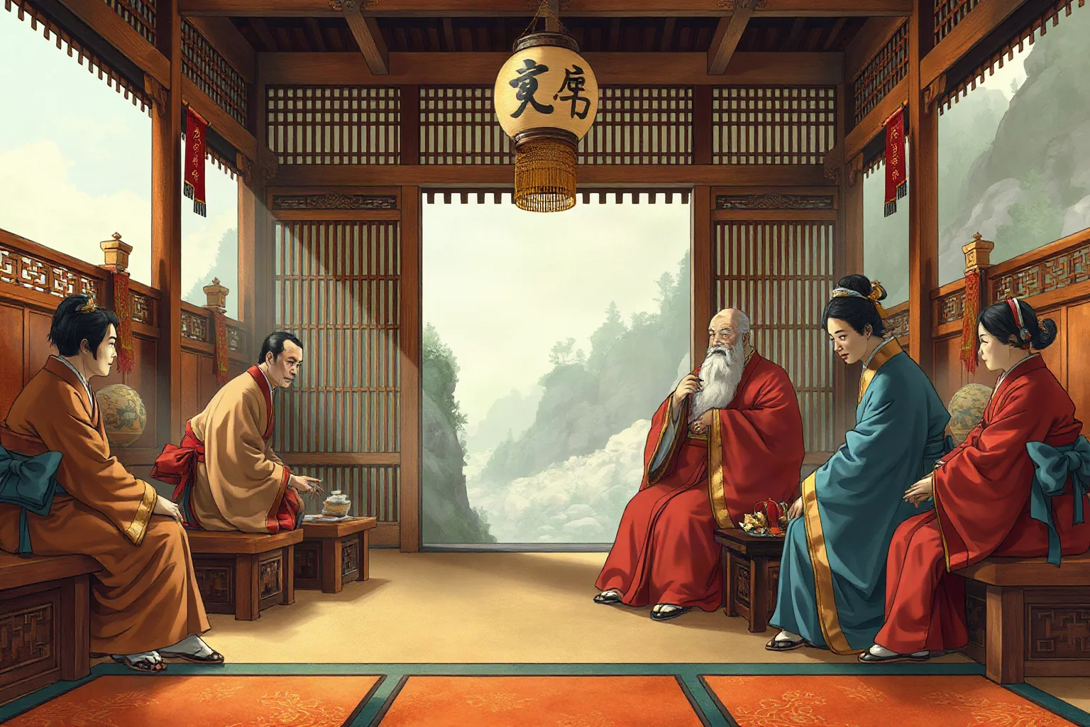 An elegant illustrated scene of a Heian-era Japanese court with silk-robed nobles in a wooden palace setting, painted in a traditional scroll art style, no readable text