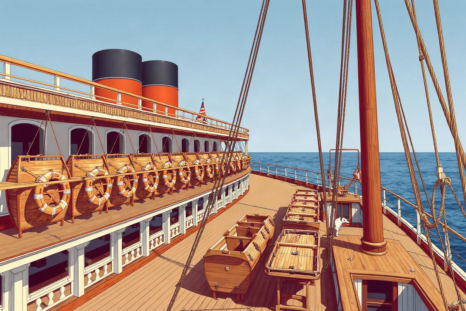 Illustration of a large early 1900s ocean liner deck lined with a limited row of wooden lifeboats hanging from davits
