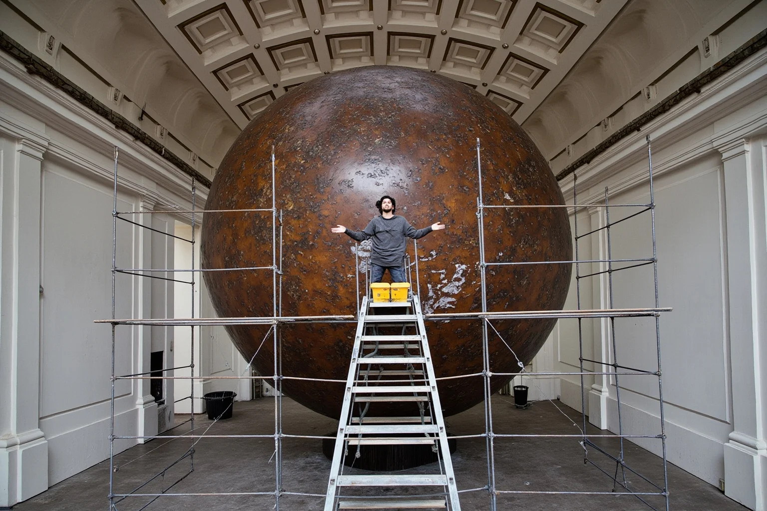 Wide-angle interior shot showing scaffolding around an enormous bronze sculpture during installation