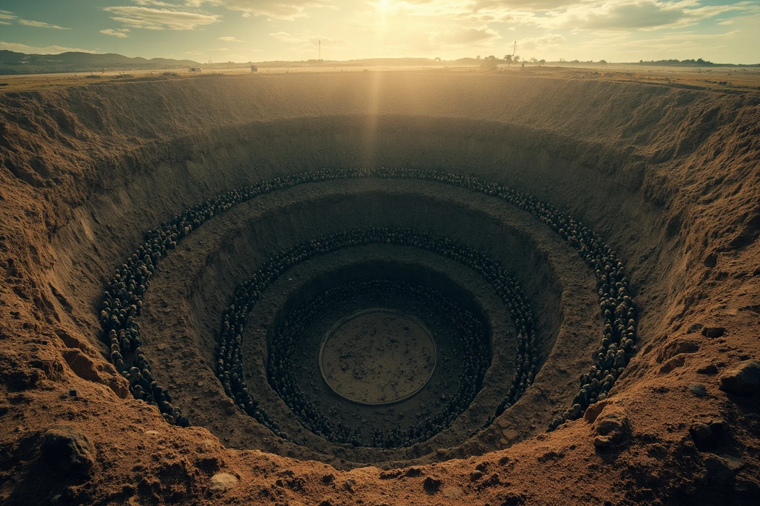 Wide-angle photo-style illustration of an enormous underground excavation pit filled with soldier rows