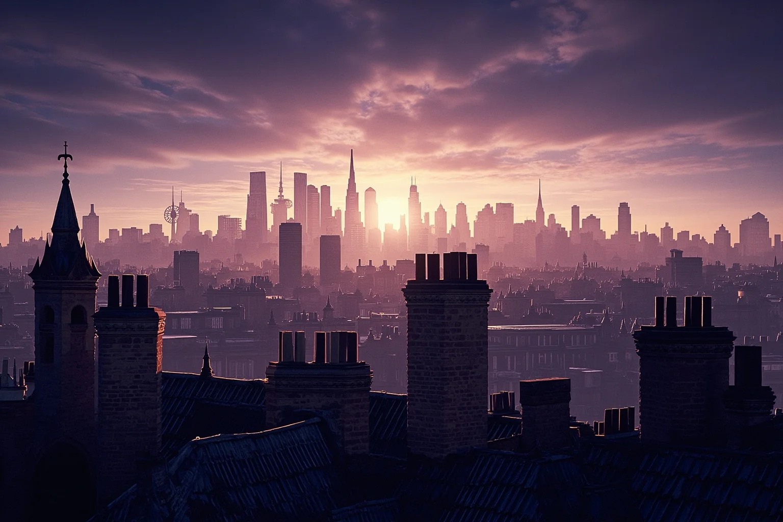 How an All-Female Gang Changed the Face of Crime in 19th Century London 22 Wide atmospheric illustration of London's skyline at dusk blending old Victorian rooftops and modern buildings