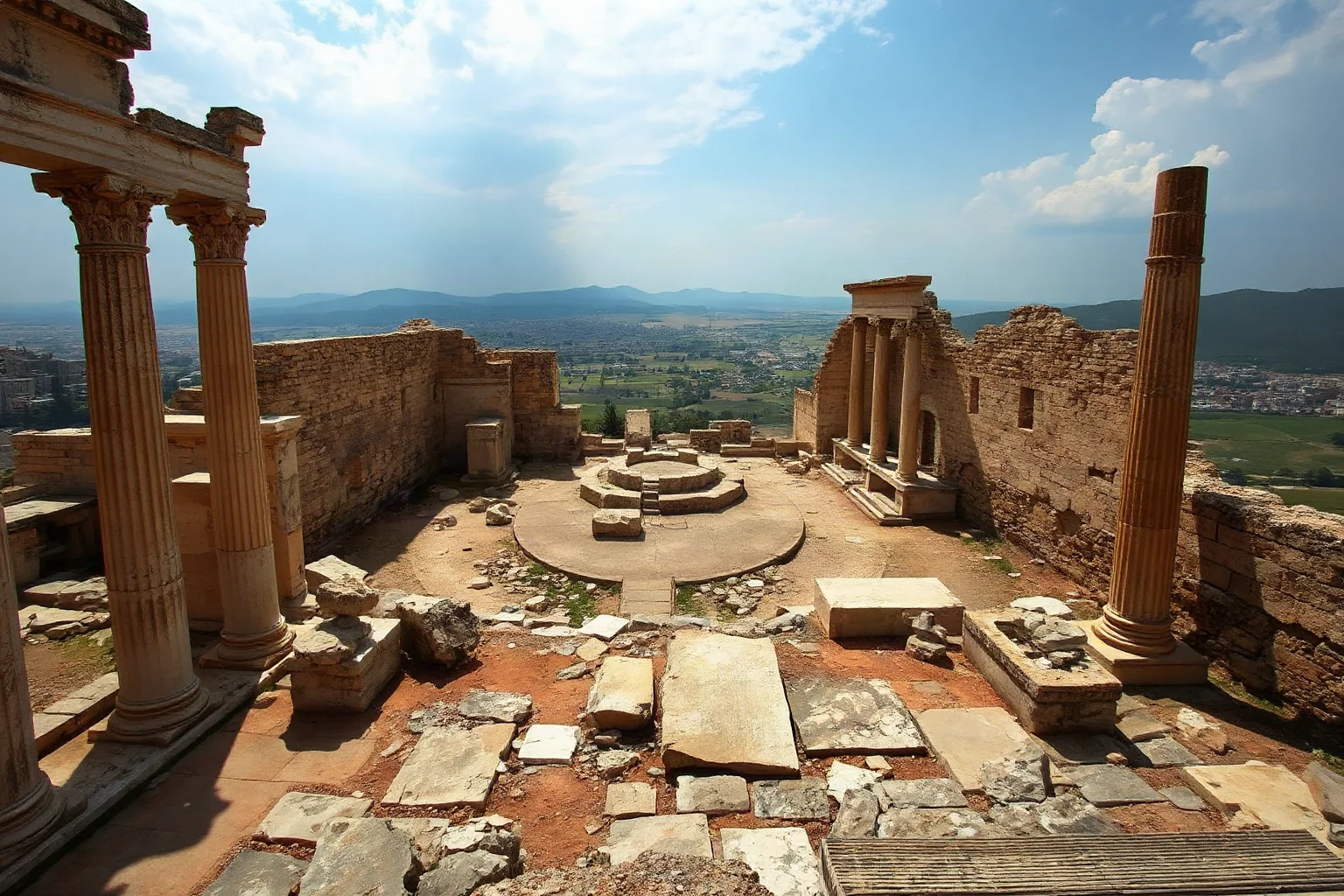 Wide atmospheric view of expansive ancient ruined cityscape with broken columns, scattered stones, and crumbling foundations stretching across horizon
