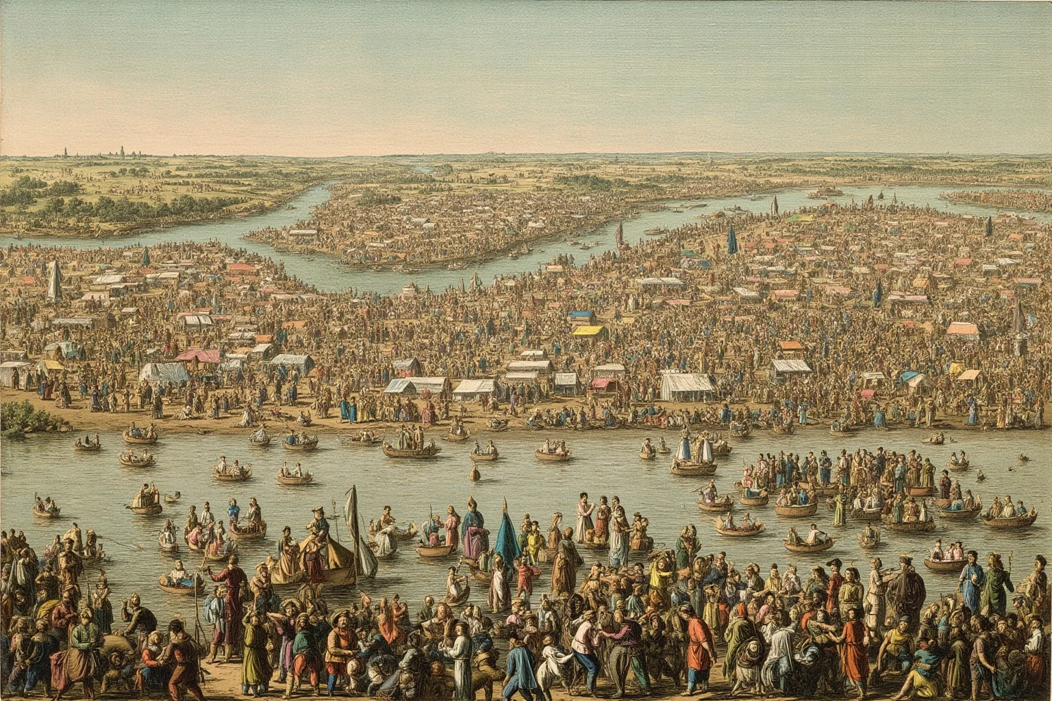 Wide illustration of a massive ancient riverside pilgrimage gathering with tents and crowds along a riverbank