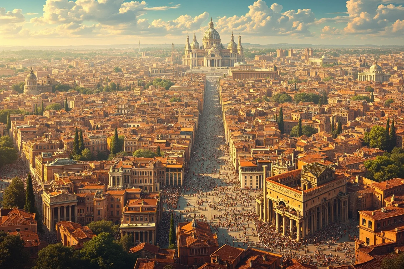 Wide illustration of ancient Rome cityscape packed with buildings and crowds, showing its massive scale