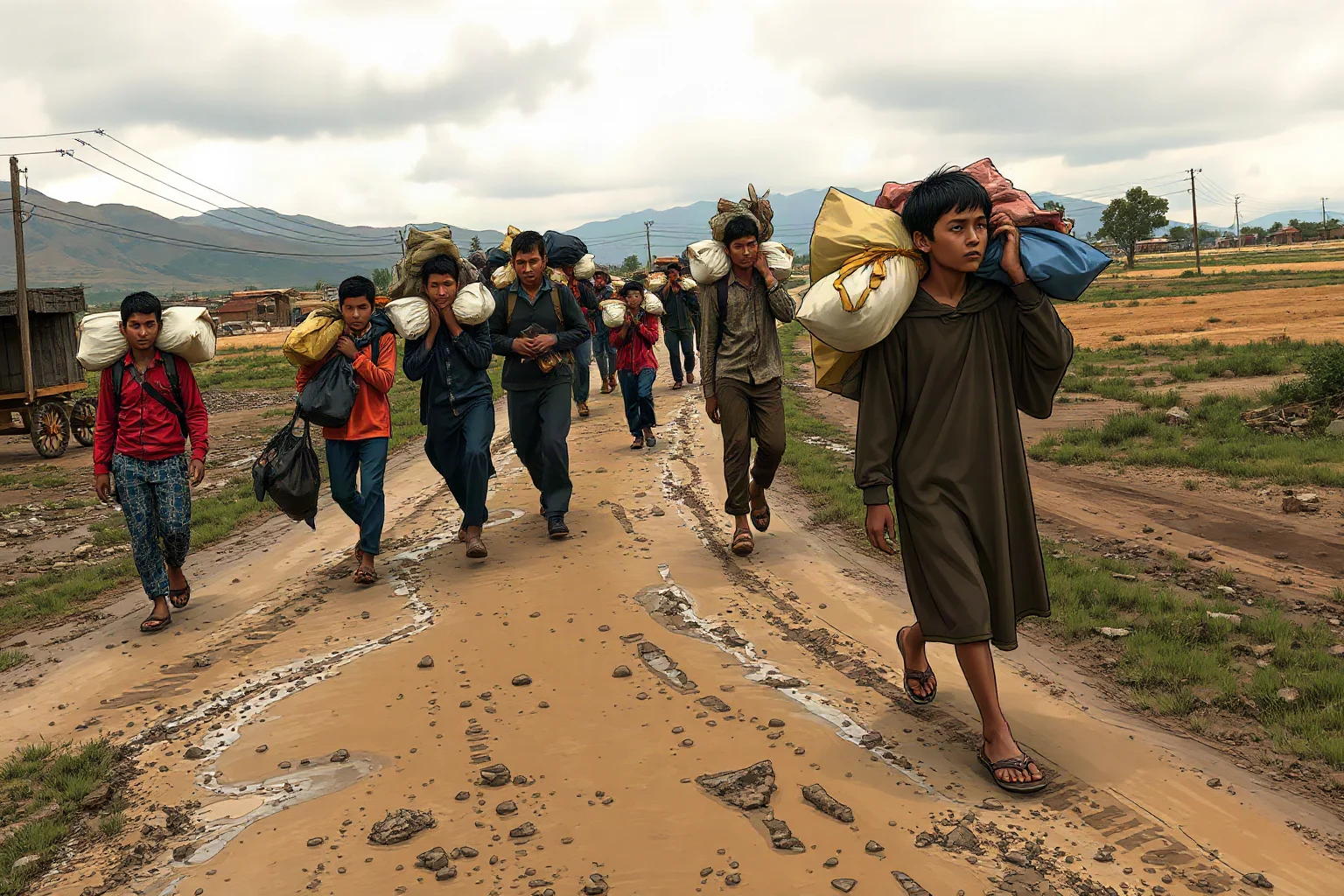 Wide illustration of thousands of displaced refugees walking along a muddy road with bundles of belongings
