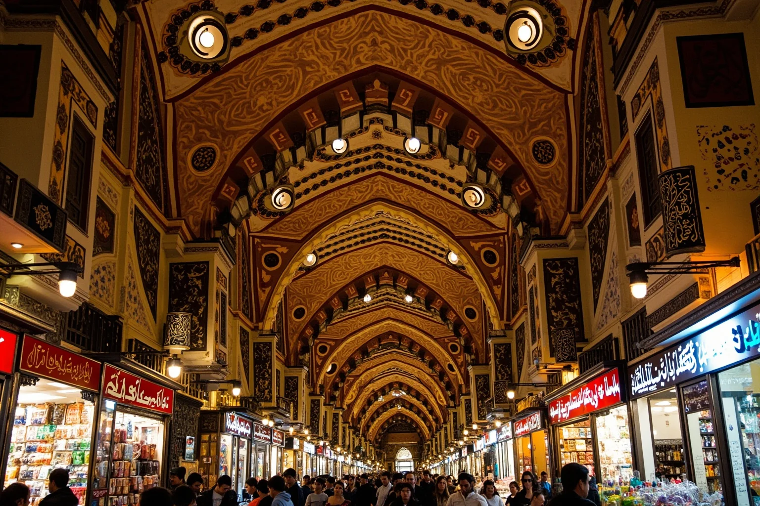 Wide interior view of Istanbul's Grand Bazaar with vaulted painted ceilings, lanterns, and rows of colorful shop stalls