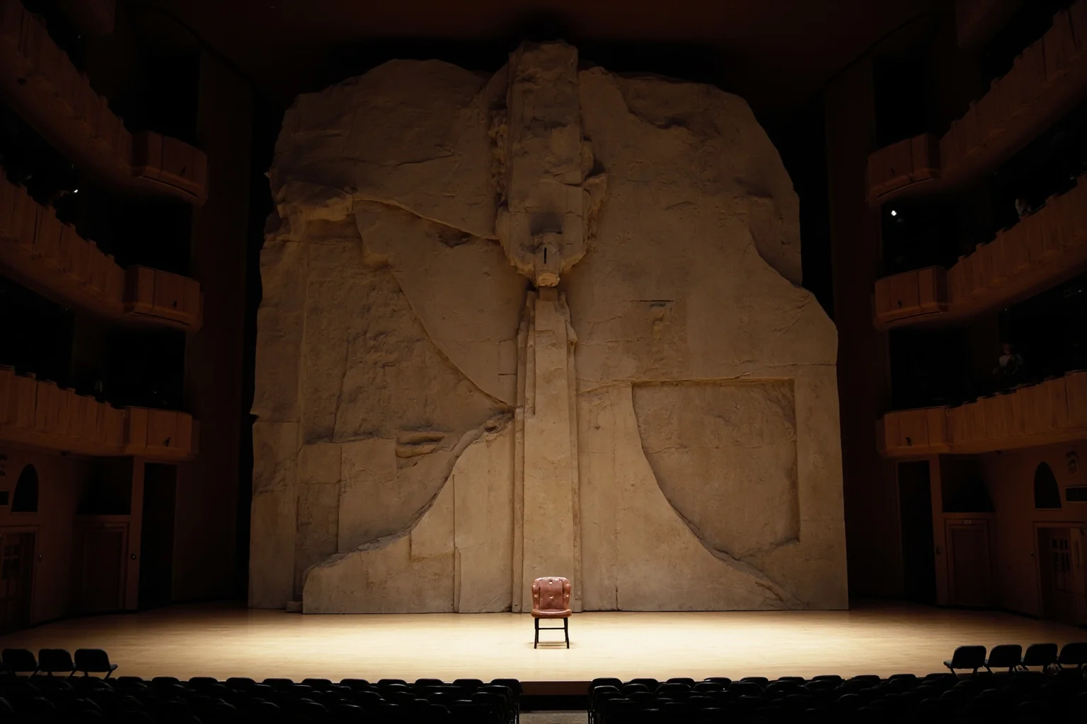 Wide shot of a large audience hall stage showing a small chair dwarfed by an enormous sculpted backdrop