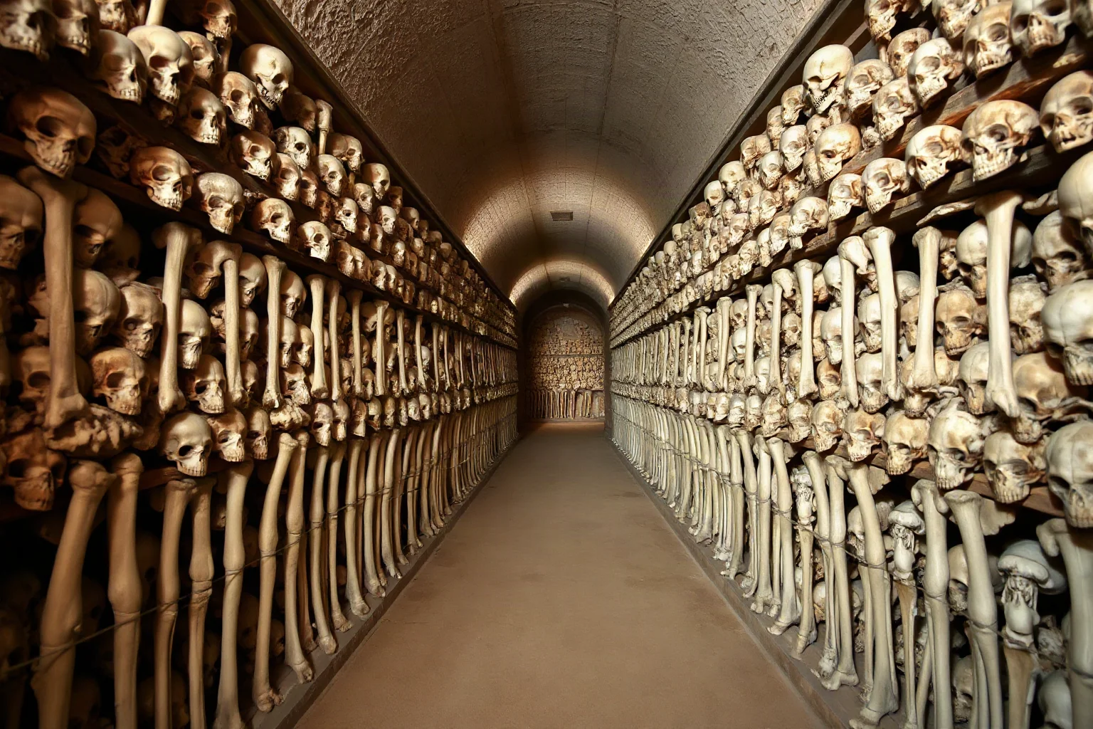Wide view of a long ossuary corridor at eye level, walls completely lined floor-to-ceiling with arranged femurs, tibiae, and skulls in deliberate patterns