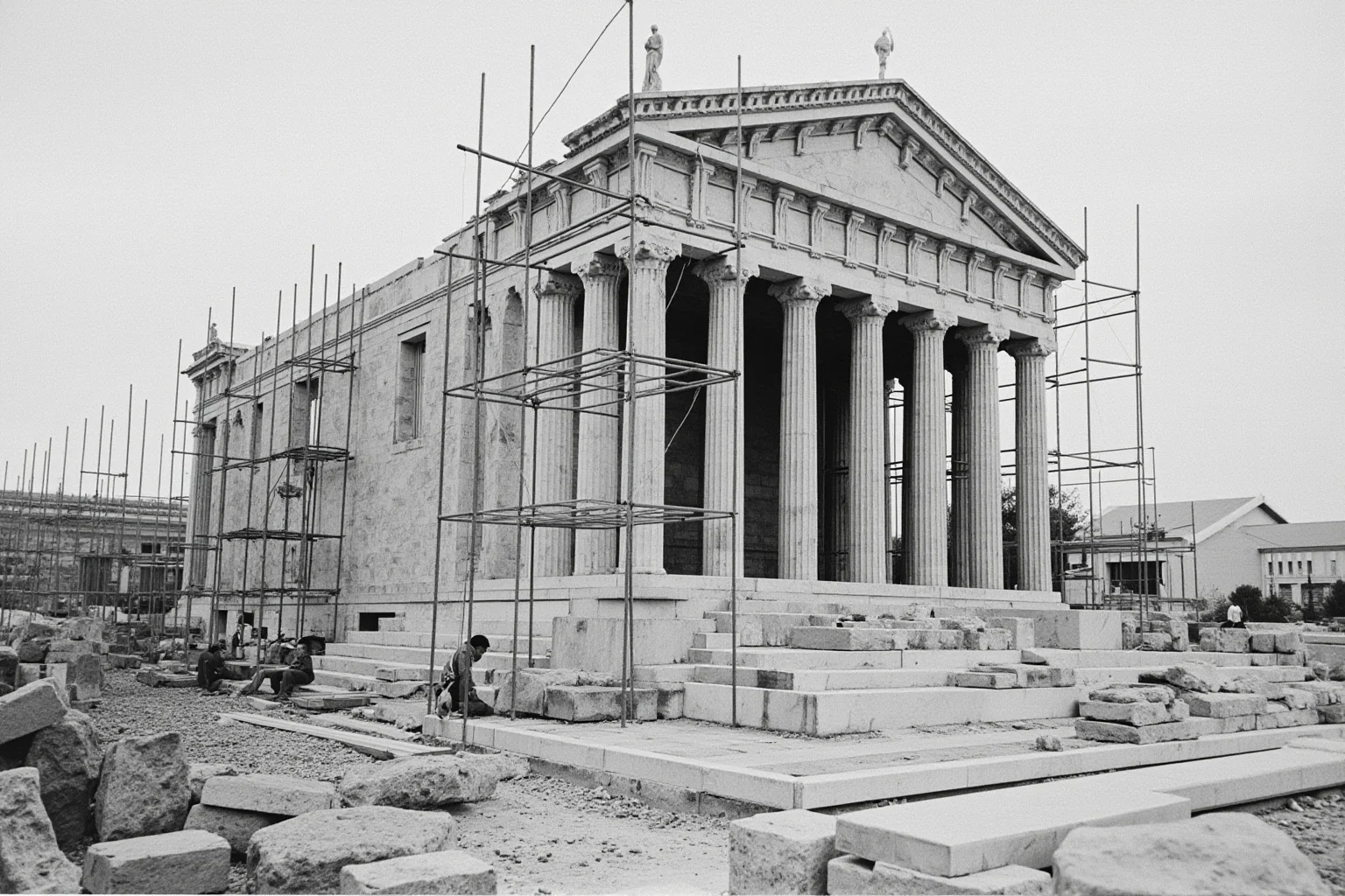 Wide view of a nearly completed classical marble temple with scaffolding and stonemasons finishing carved details