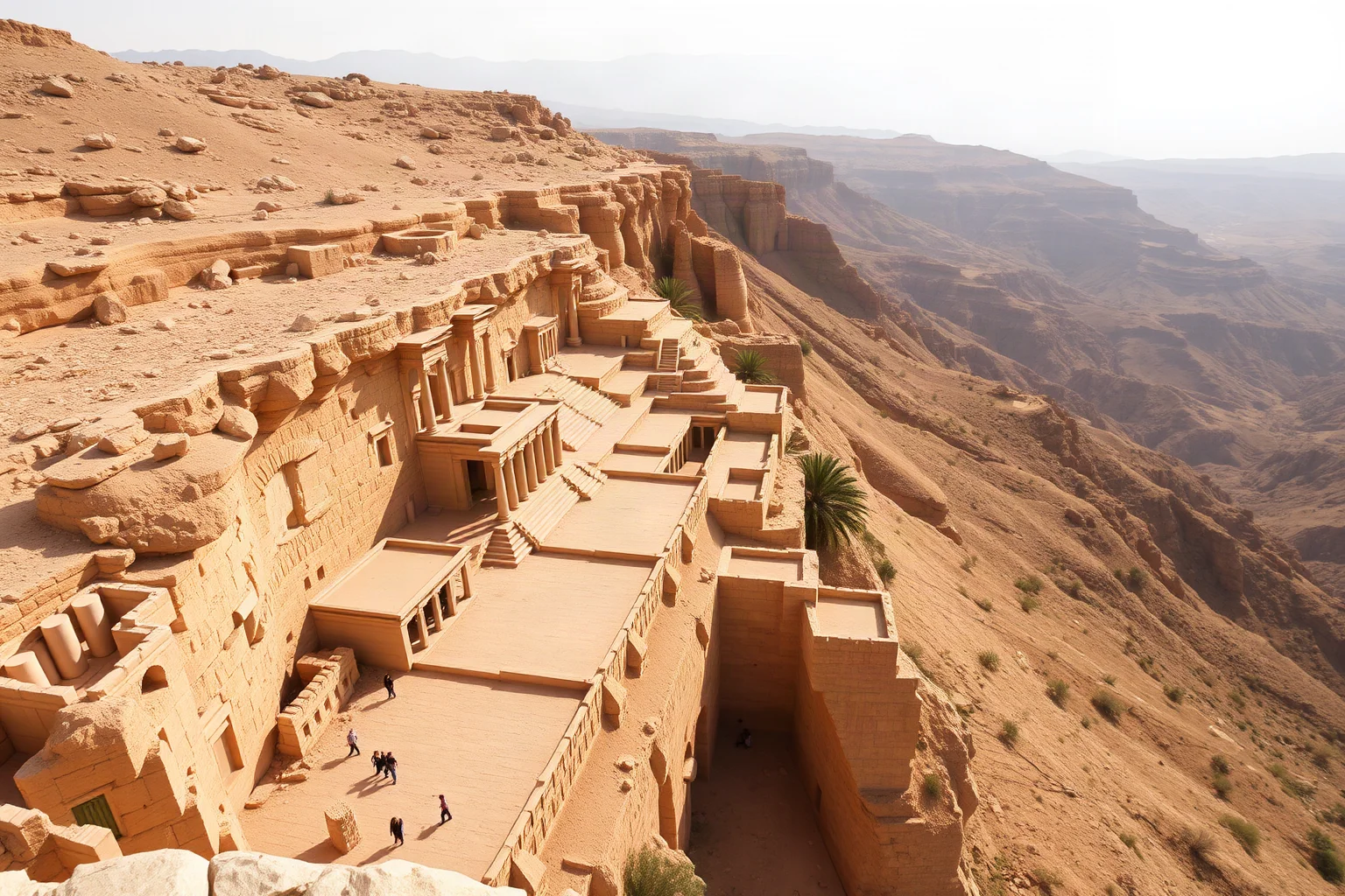 Wide view of a terraced desert cliffside temple with columned courtyards