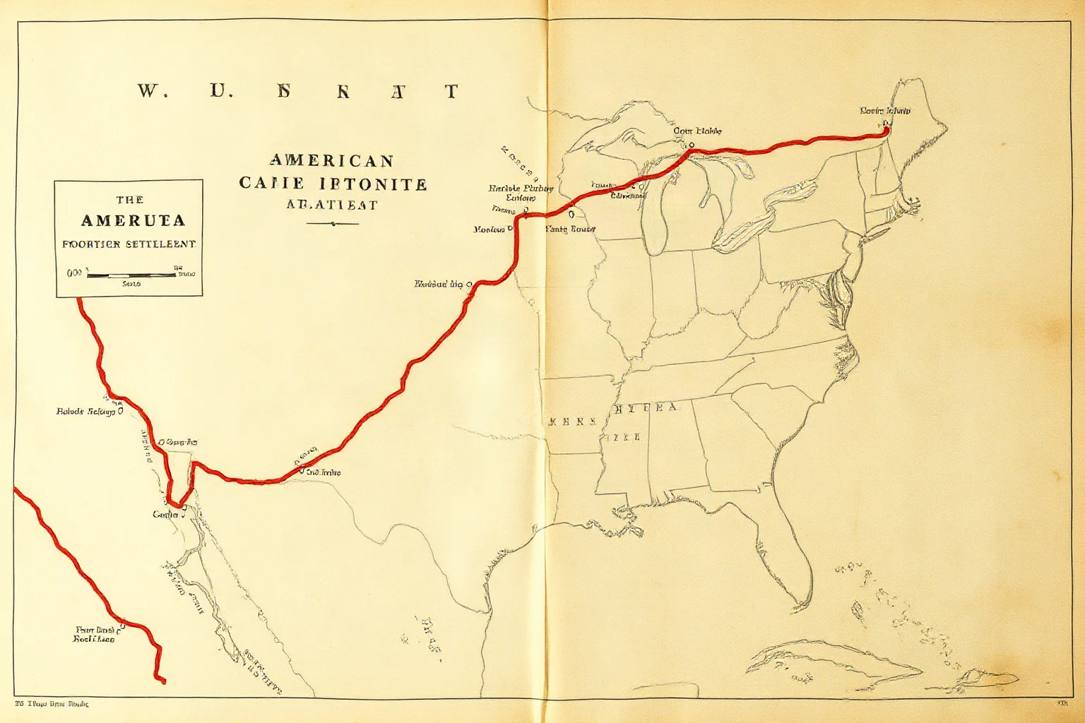 A weathered hand-drawn map showing the shifting line of American frontier settlement moving westward across decades