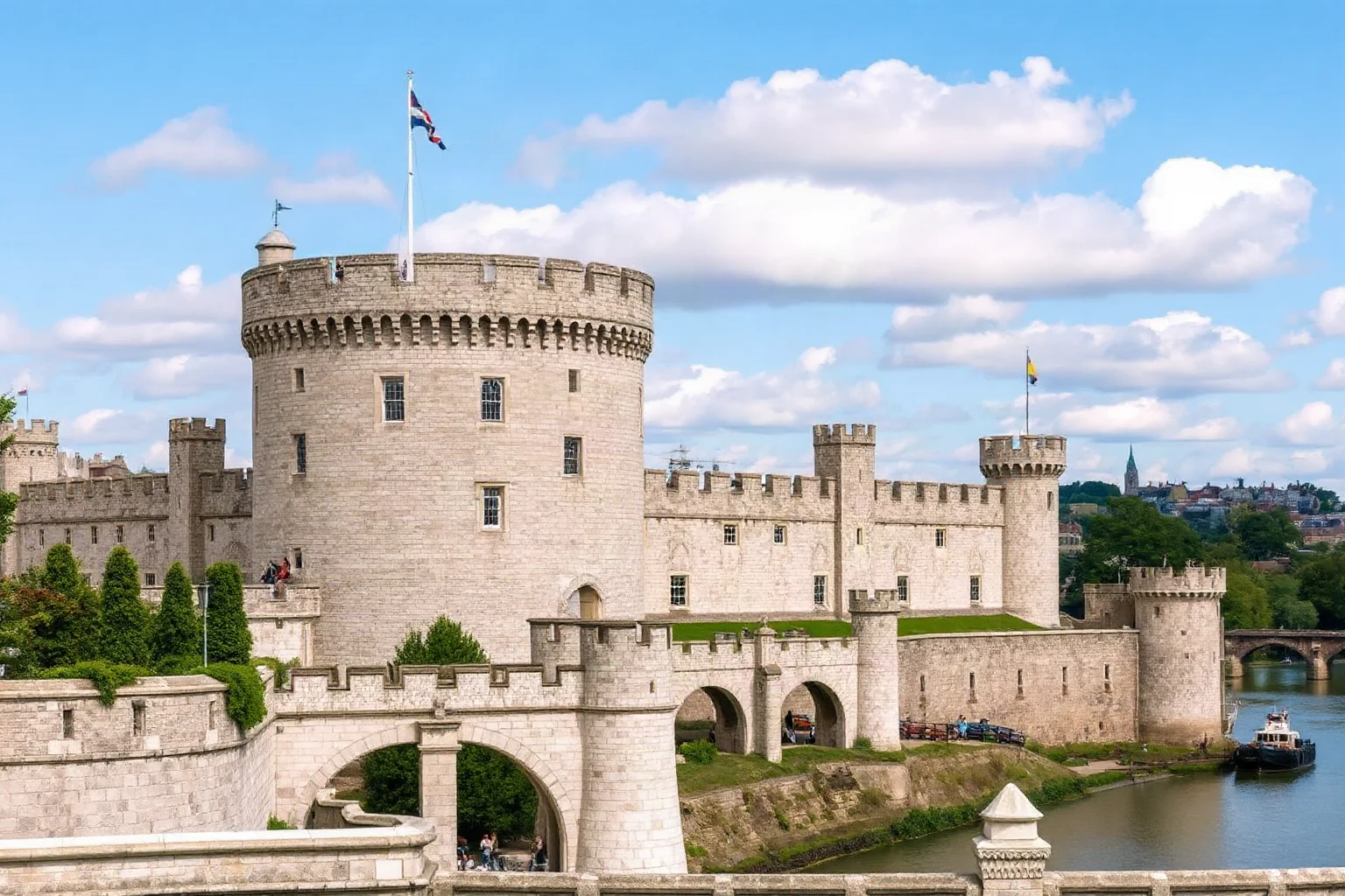Windsor Castle in England with its round tower and stone fortifications overlooking the Thames