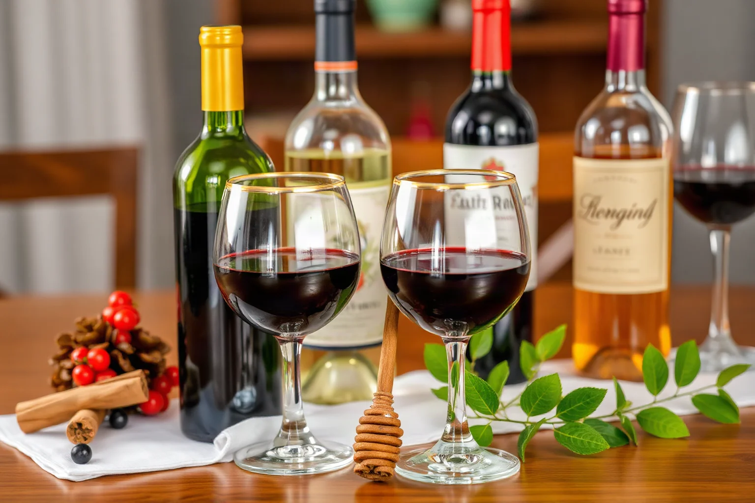 Wine bottles and goblets of red and spiced wine with cinnamon sticks and honey, noble table setting