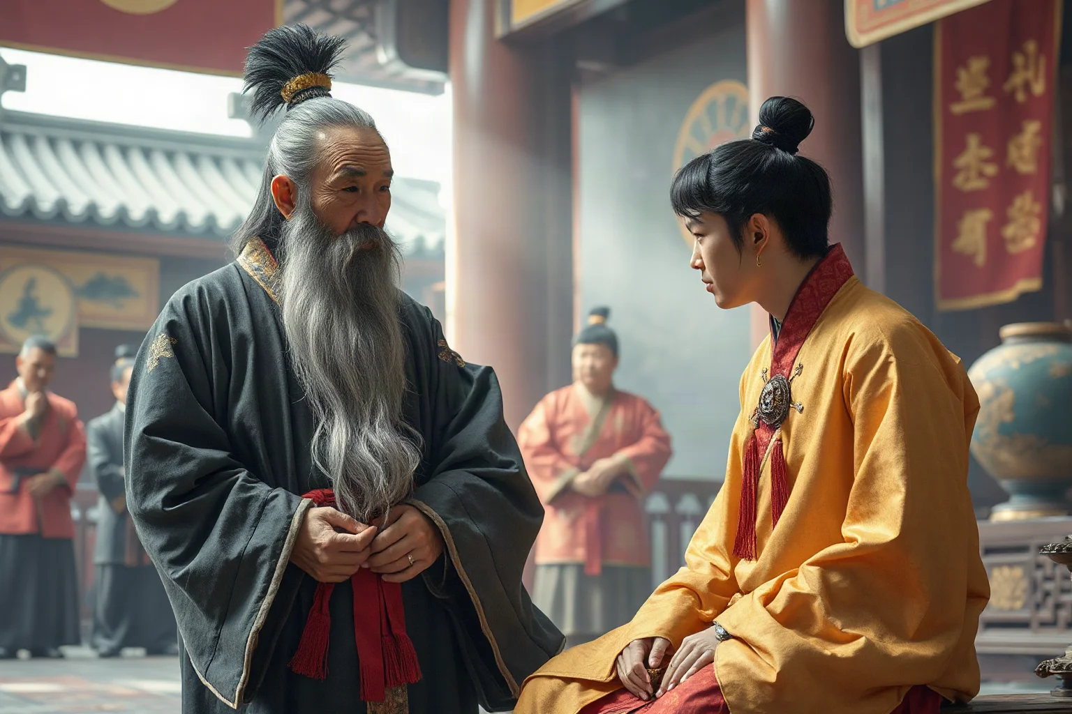 Wise elder statesman in Zhou dynasty robes advising a young ruler in a palace hall