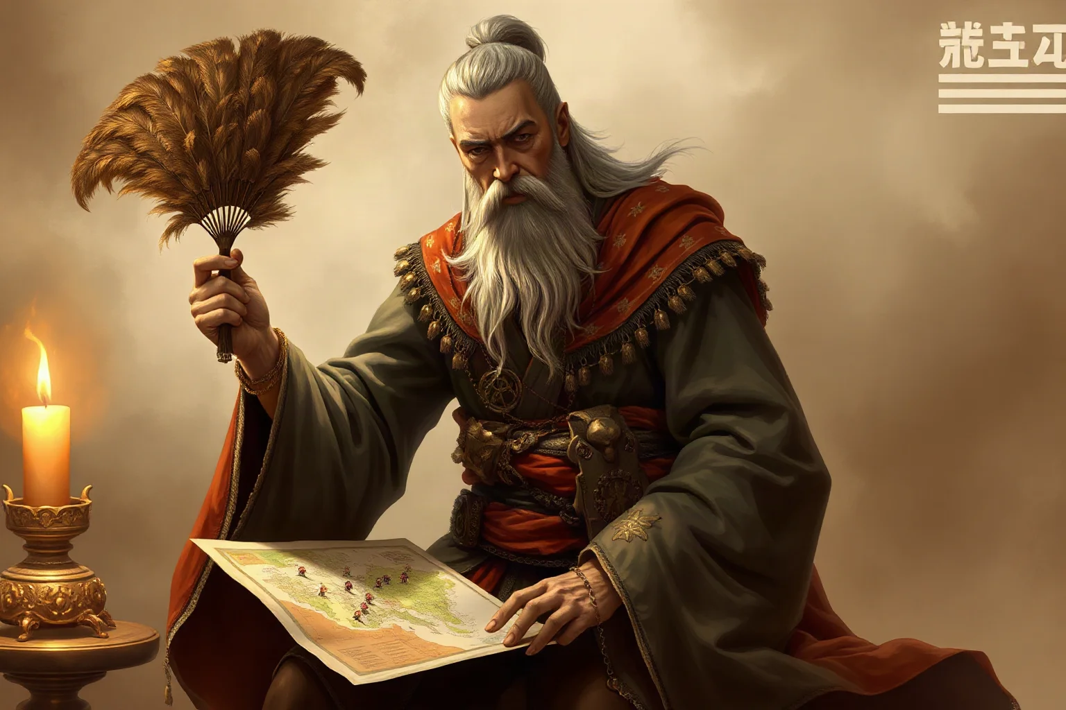 Wise strategist in flowing robes holding a feather fan while studying a military formation map