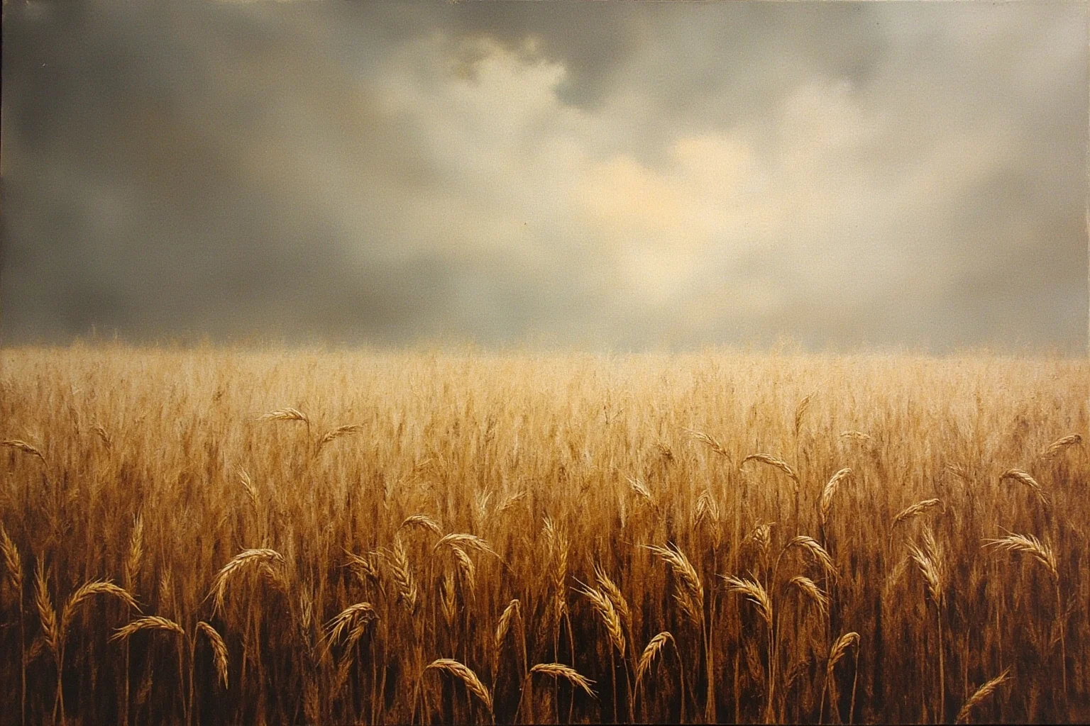 Why The Year 536 May Have Been The Worst Year In History 11 Withered wheat fields under a gray overcast sky, symbolizing ancient crop failure, painterly historical style