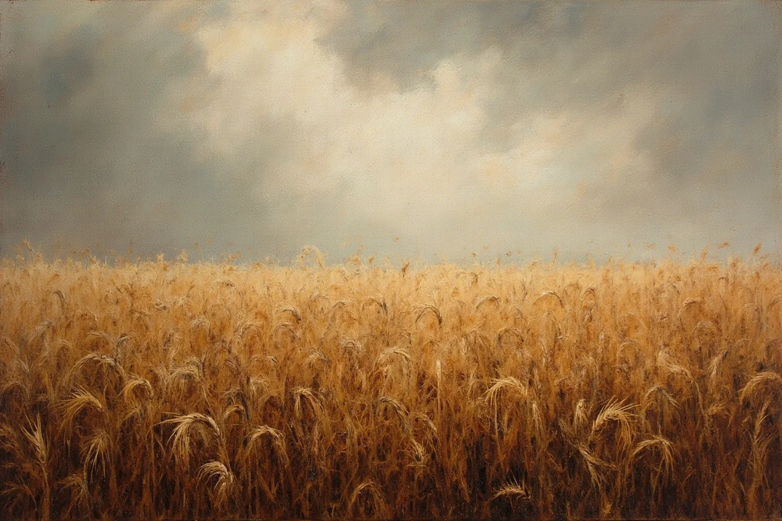 Why The Year 536 May Have Been The Worst Year In History 13 Withered wheat fields under a gray overcast sky, symbolizing ancient crop failure, painterly historical style