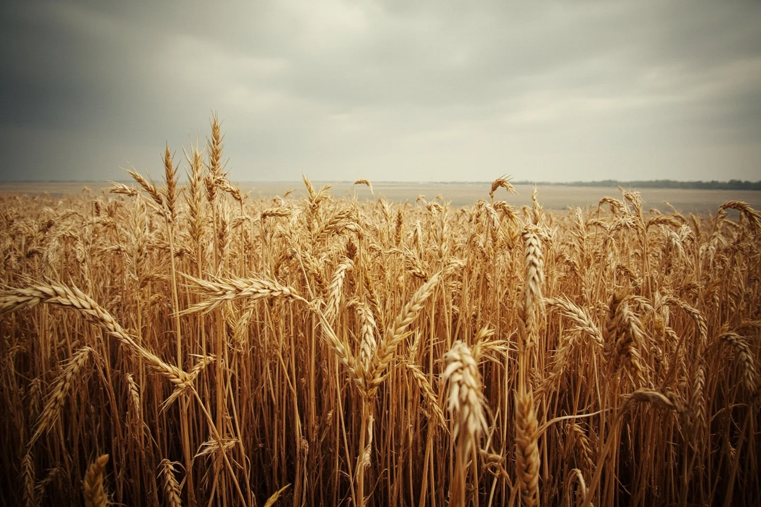 Why The Year 536 May Have Been The Worst Year In History 7 Withered wheat fields under a gray overcast sky, symbolizing ancient crop failure, painterly historical style