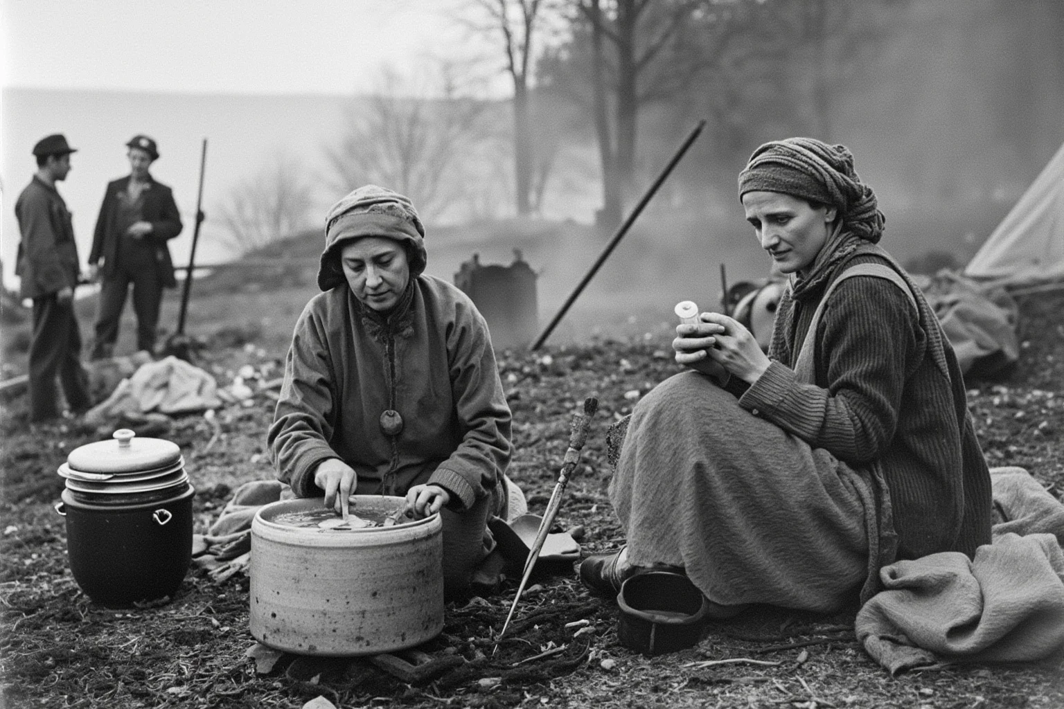 Women in camp following a Revolutionary War army, cooking over fires and mending clothes