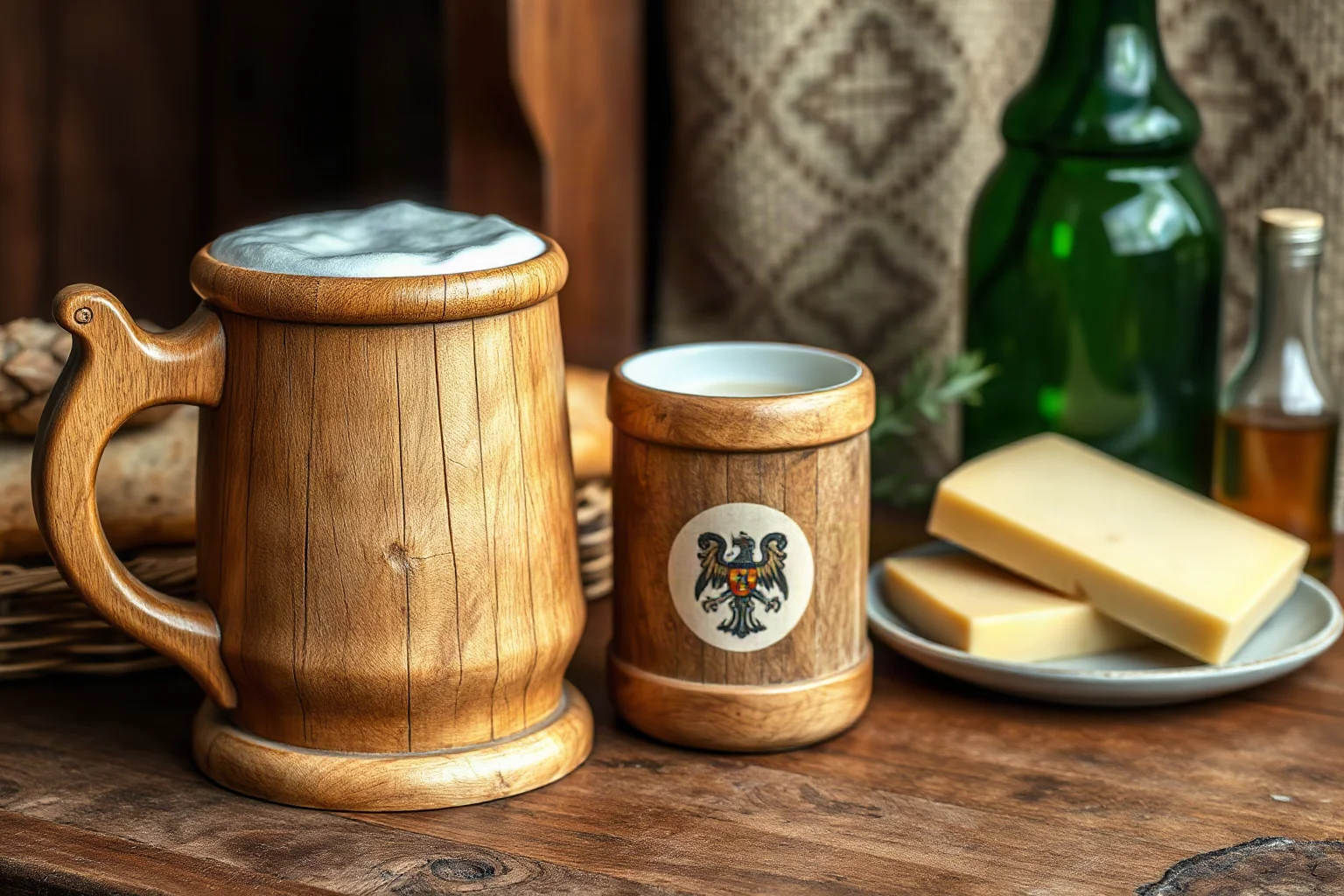 Wooden mug of weak medieval small beer or ale next to bread and cheese on a rustic table