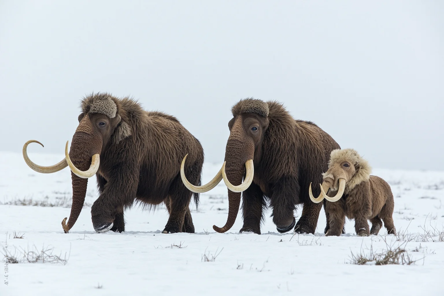 Woolly mammoth family group walking across snowy tundra landscape with visible fur and tusks