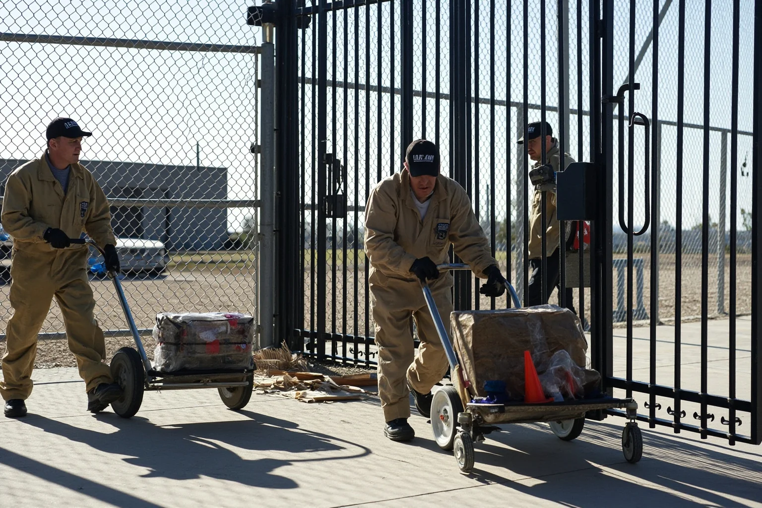 The Most Daring Prison Escapes in History 16 Workers in coveralls wheeling equipment carts through a prison security gate