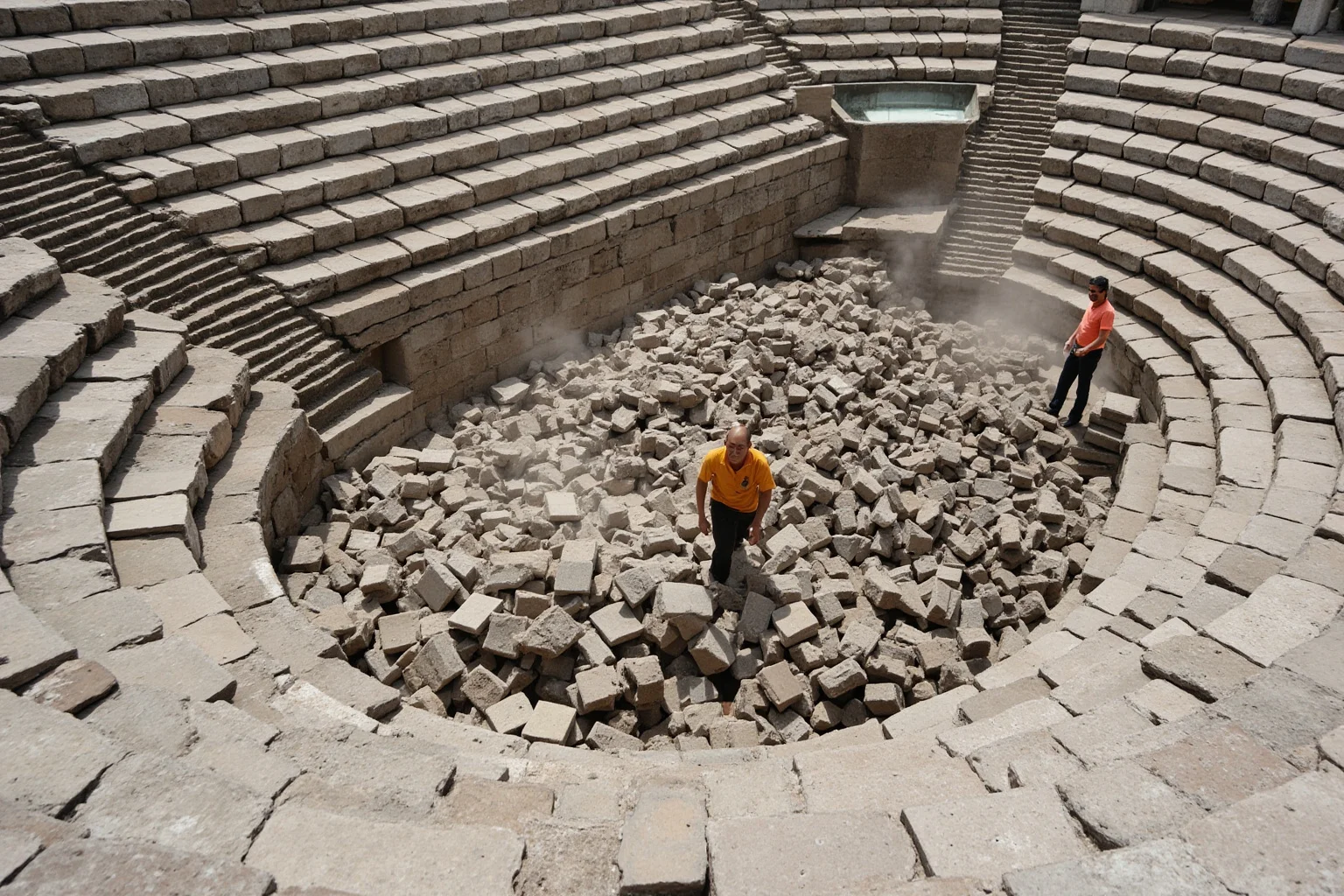 Workers removing carved stone blocks from an old ruined amphitheater to reuse elsewhere