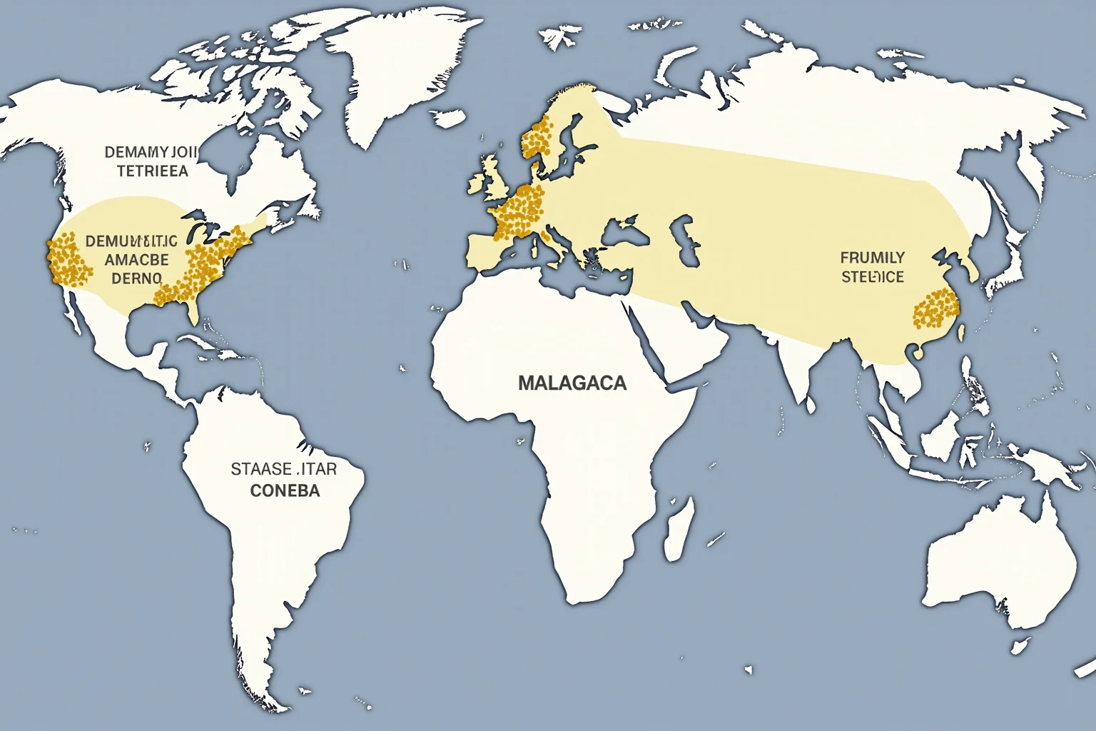 World map highlighting modern regions where plague cases still occur: Madagascar, Democratic Republic of Congo, and western United States