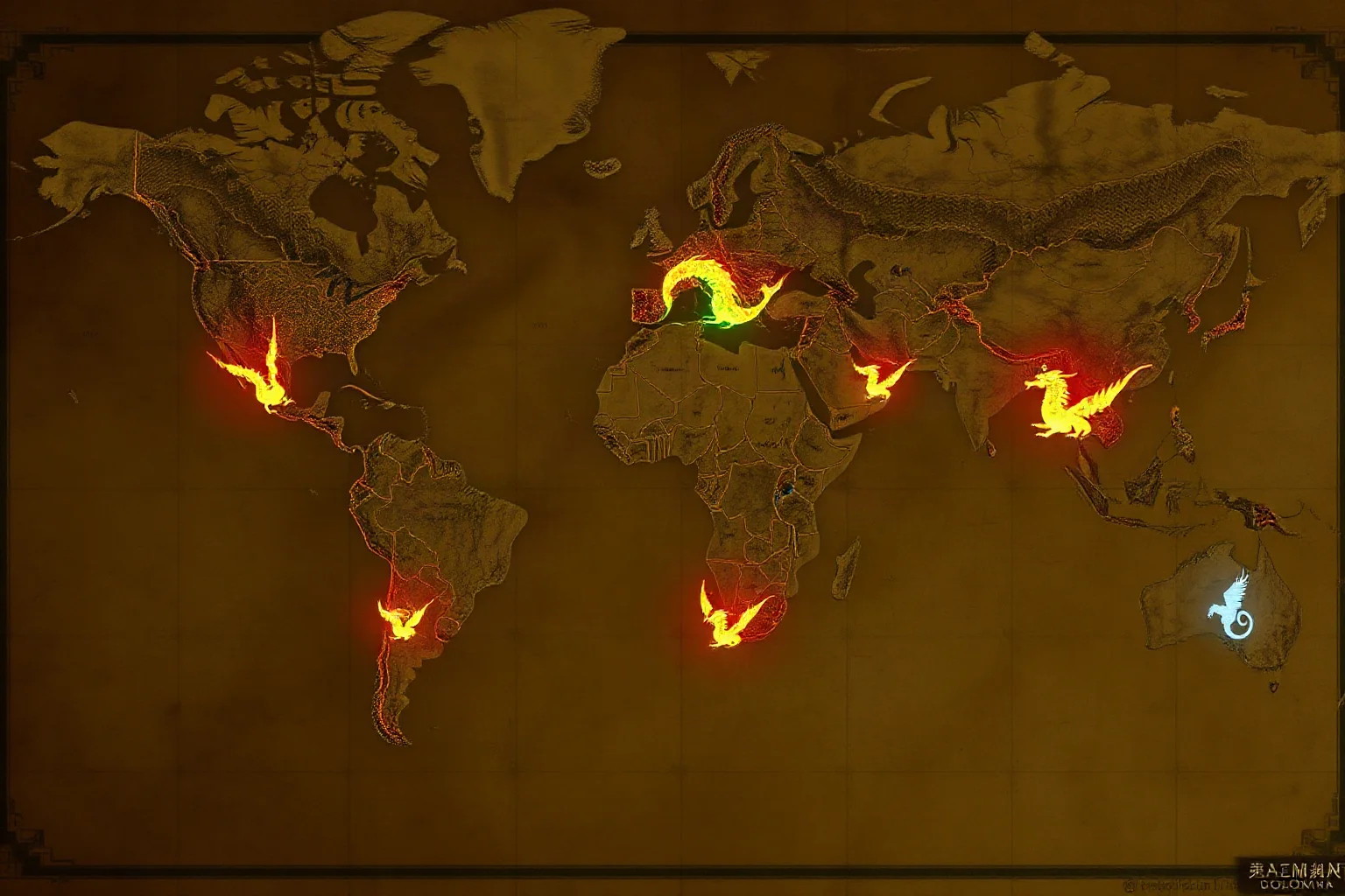 World map with glowing dragon symbols marked across different ancient civilizations, illustrating independent myths