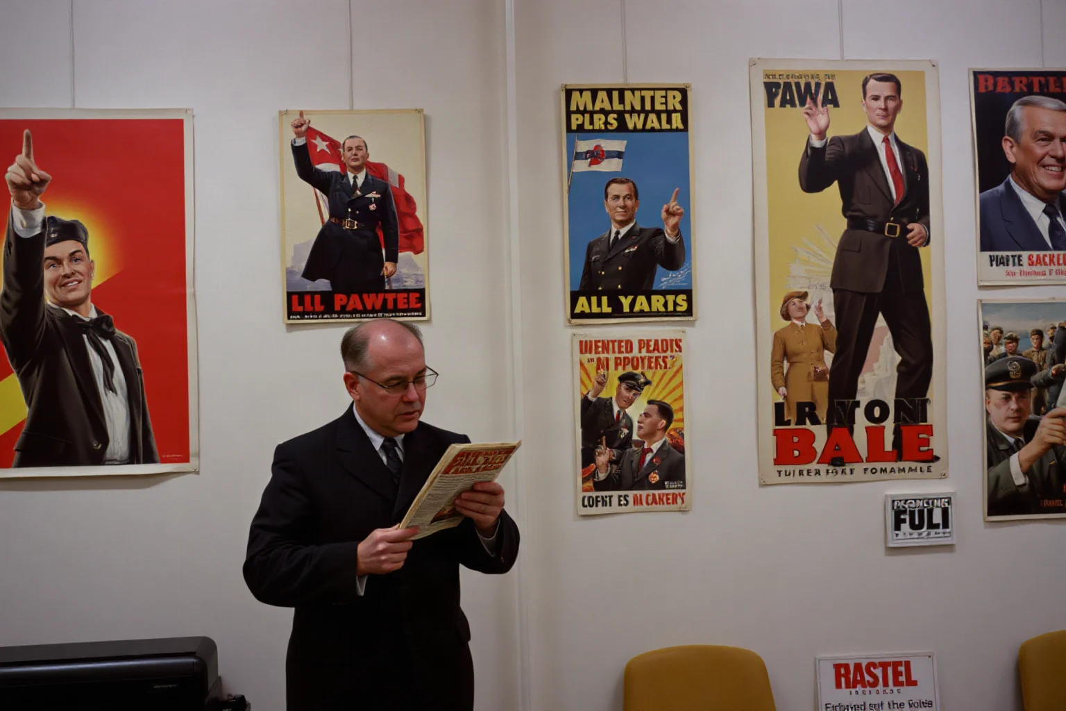 World War era propaganda posters on walls, government officials distributing controlled media to shape public opinion