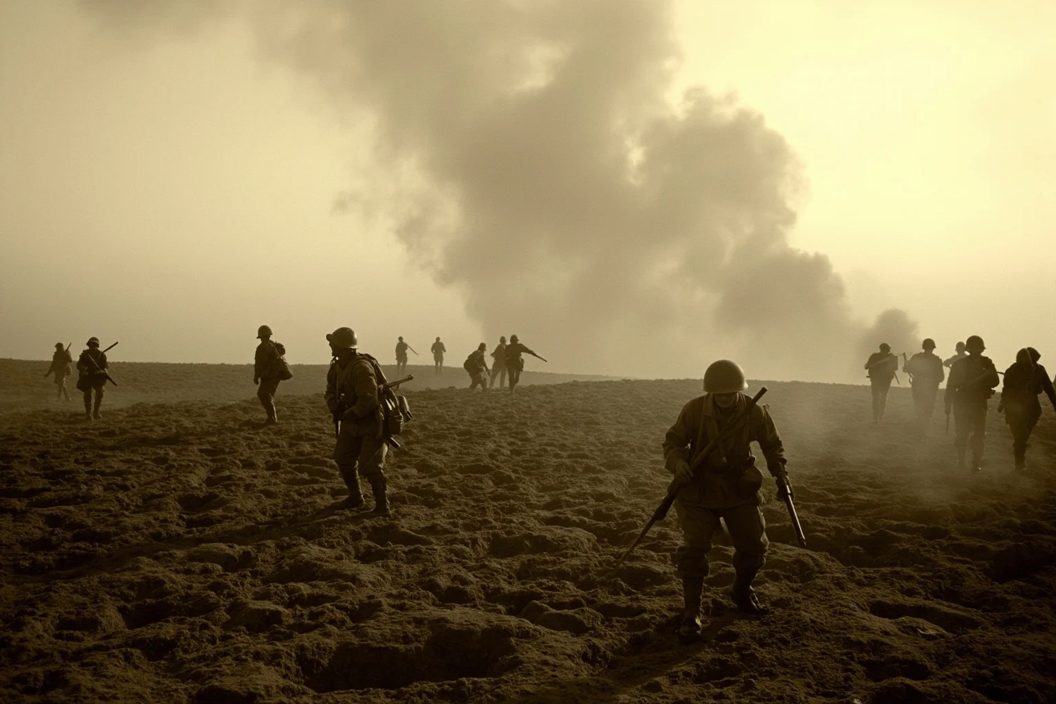 Memorable Moments Of Friendly Fire Throughout History 7 World War I infantry moving across a cratered battlefield behind rolling smoke from artillery fire, dramatic sepia tones