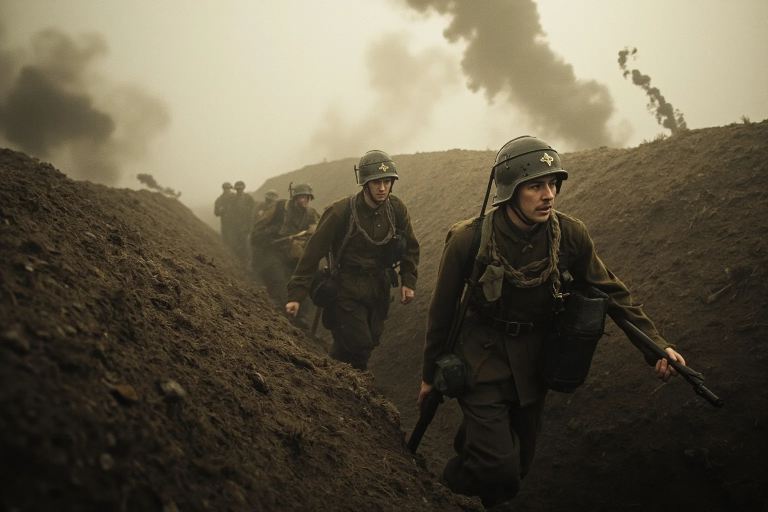 Memorable Moments Of Friendly Fire Throughout History 6 World War I soldiers advancing through a smoke-filled trench landscape under artillery bursts, muted historical color palette