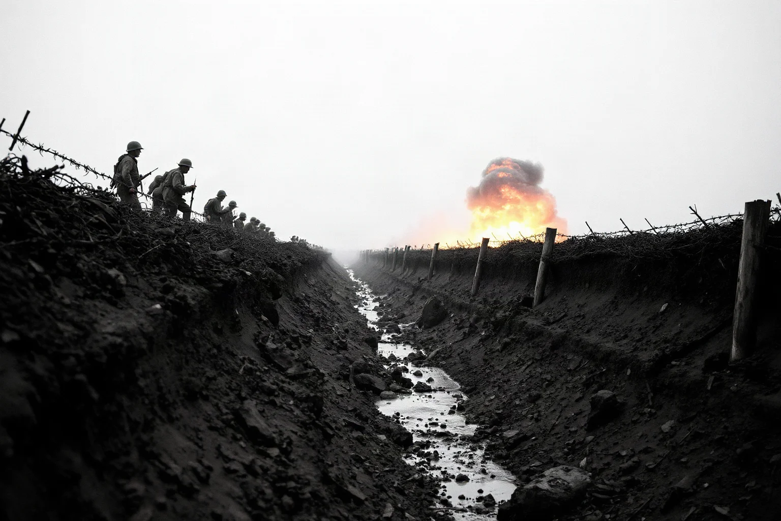 World War I trench warfare with barbed wire, soldiers going over the top, artillery explosions, muddy devastated landscape