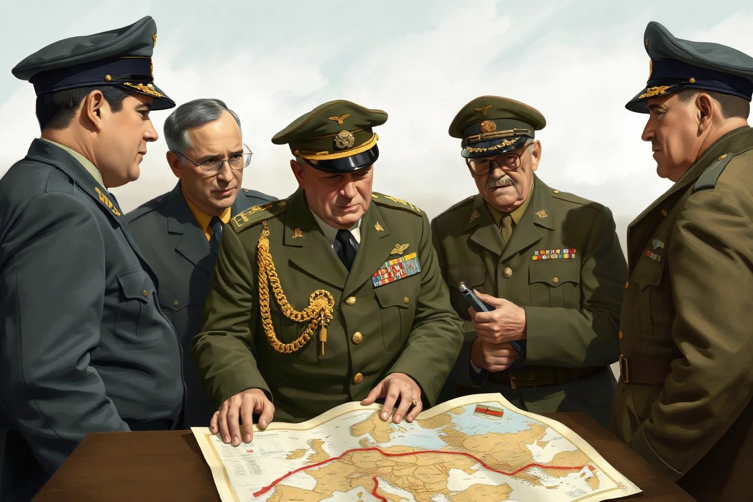 World War II Allied supreme commander in uniform studying an invasion map with officers, illustrative historical style
