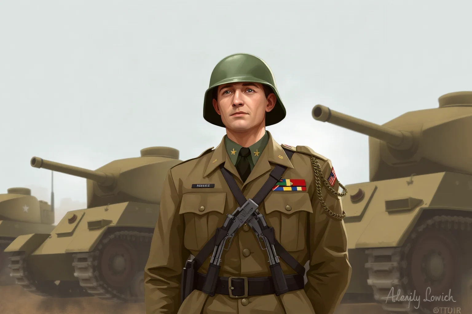 World War II American general in a helmet and uniform standing beside tanks with pistols on his belt, illustrative historical style