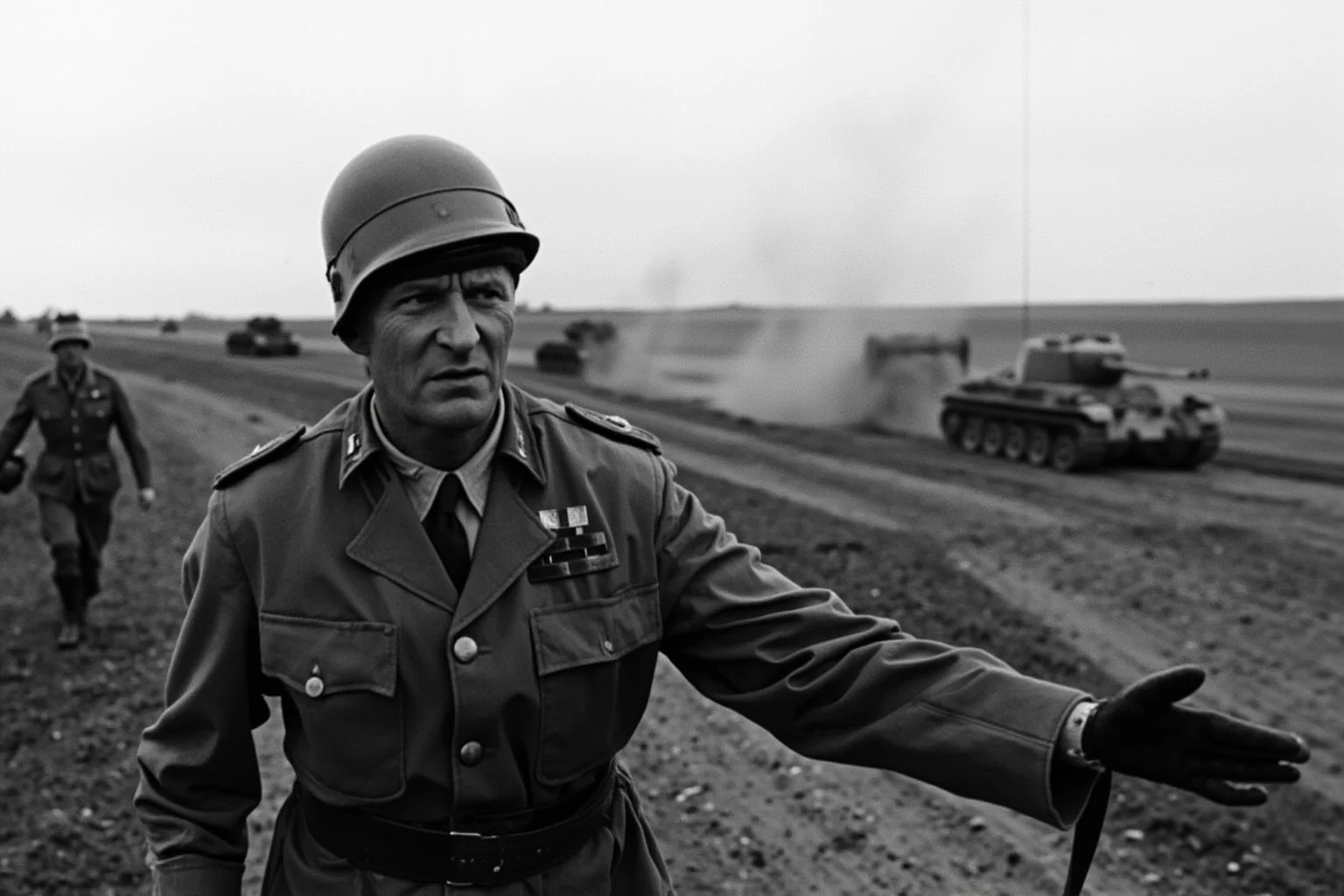 World War II American general in helmet and uniform gesturing forcefully toward advancing tanks
