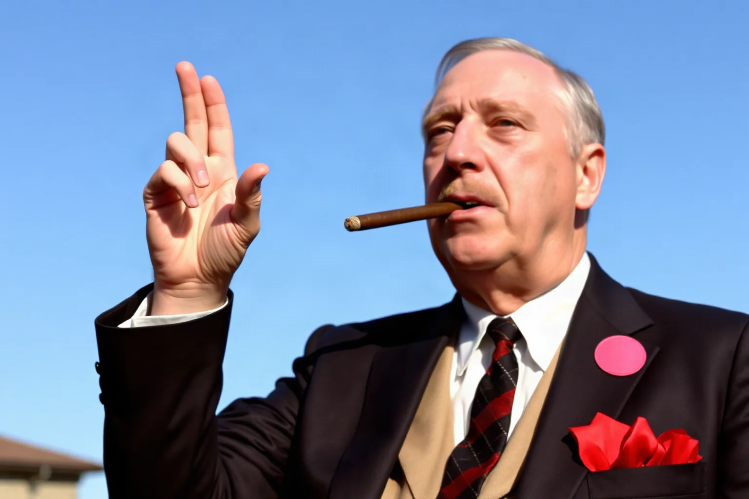 World War II era British statesman in formal dress with cigar, victory hand gesture