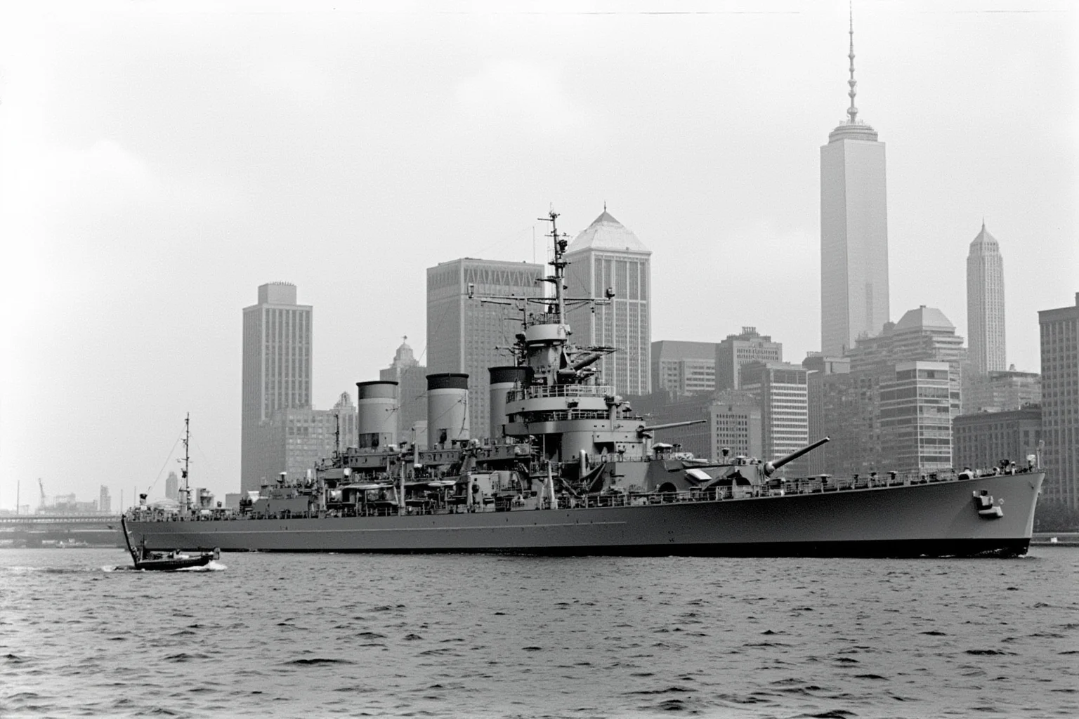 The Longest-Serving Warships of All Time 13 World War II era light cruiser with gray hull and multiple gun turrets, moored on a river beside a large modern city skyline