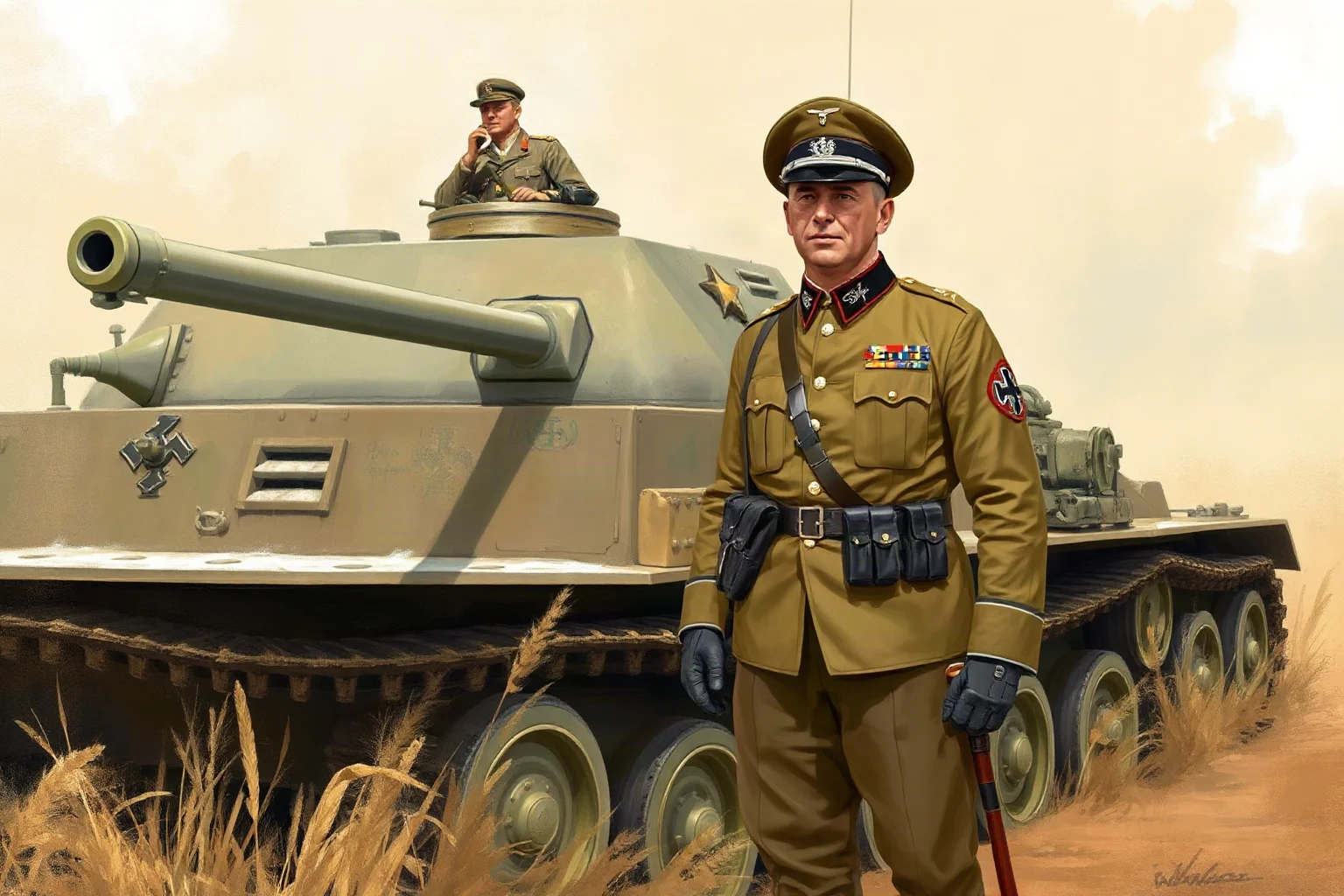 World War II German tank commander in desert uniform standing beside an armored vehicle, illustrative historical style