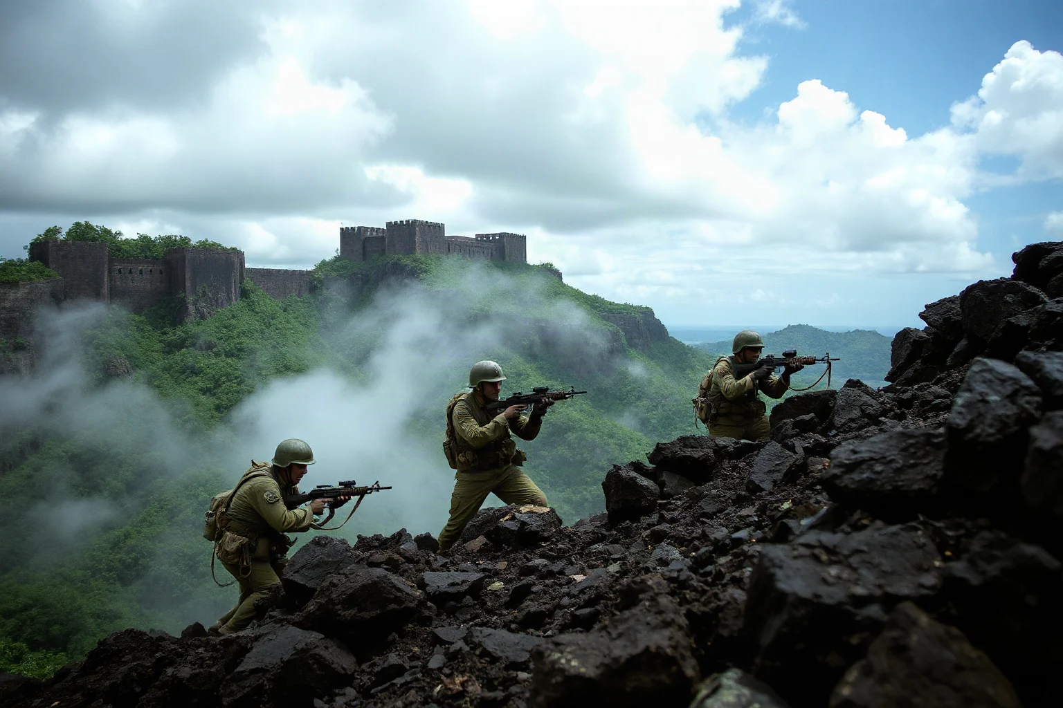 World War II Marines fighting for control of volcanic island terrain with heavy fortifications, jungle and rocky landscape, intense combat