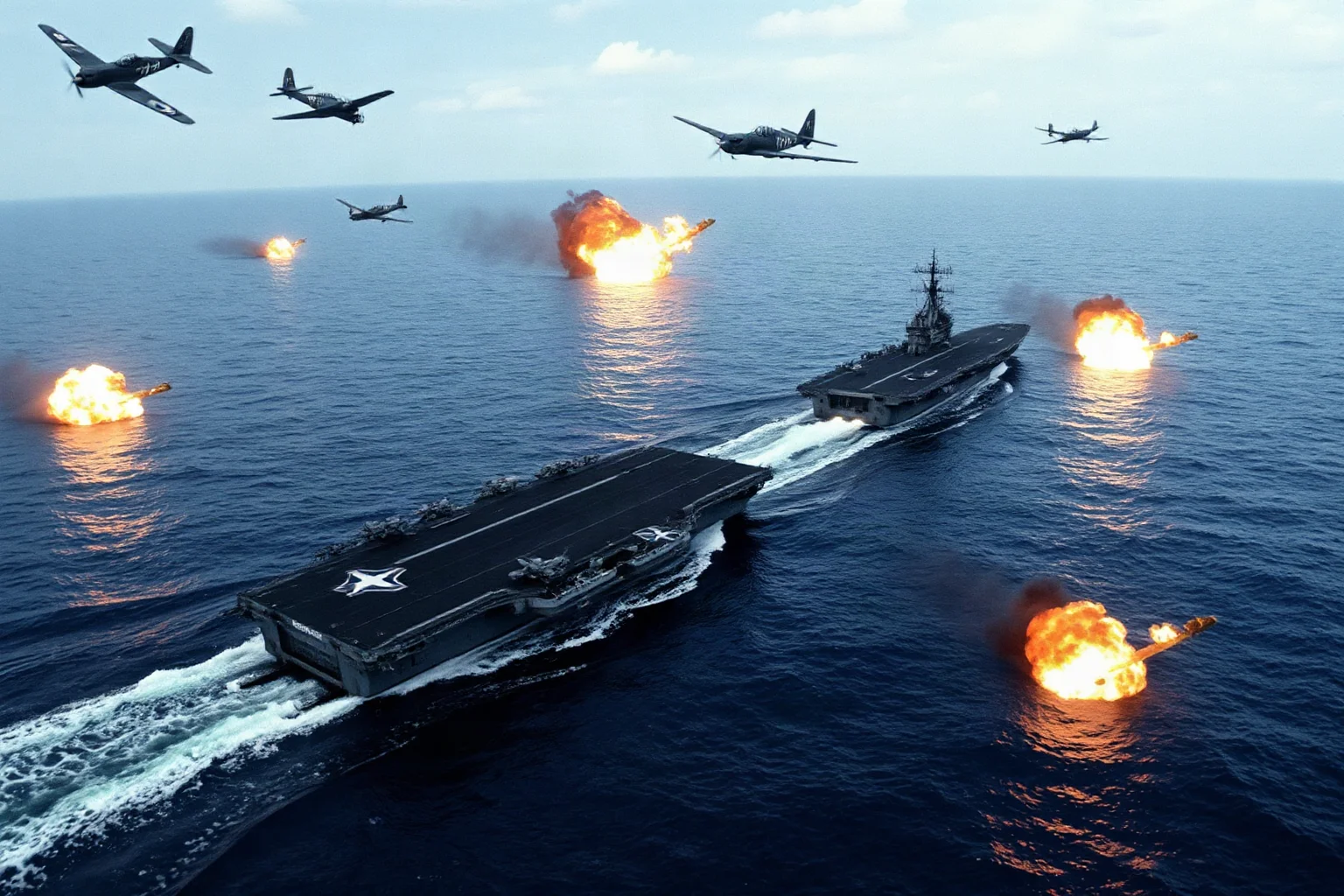World War II naval battle with aircraft carriers and planes fighting over open Pacific ocean, explosions and anti-aircraft fire