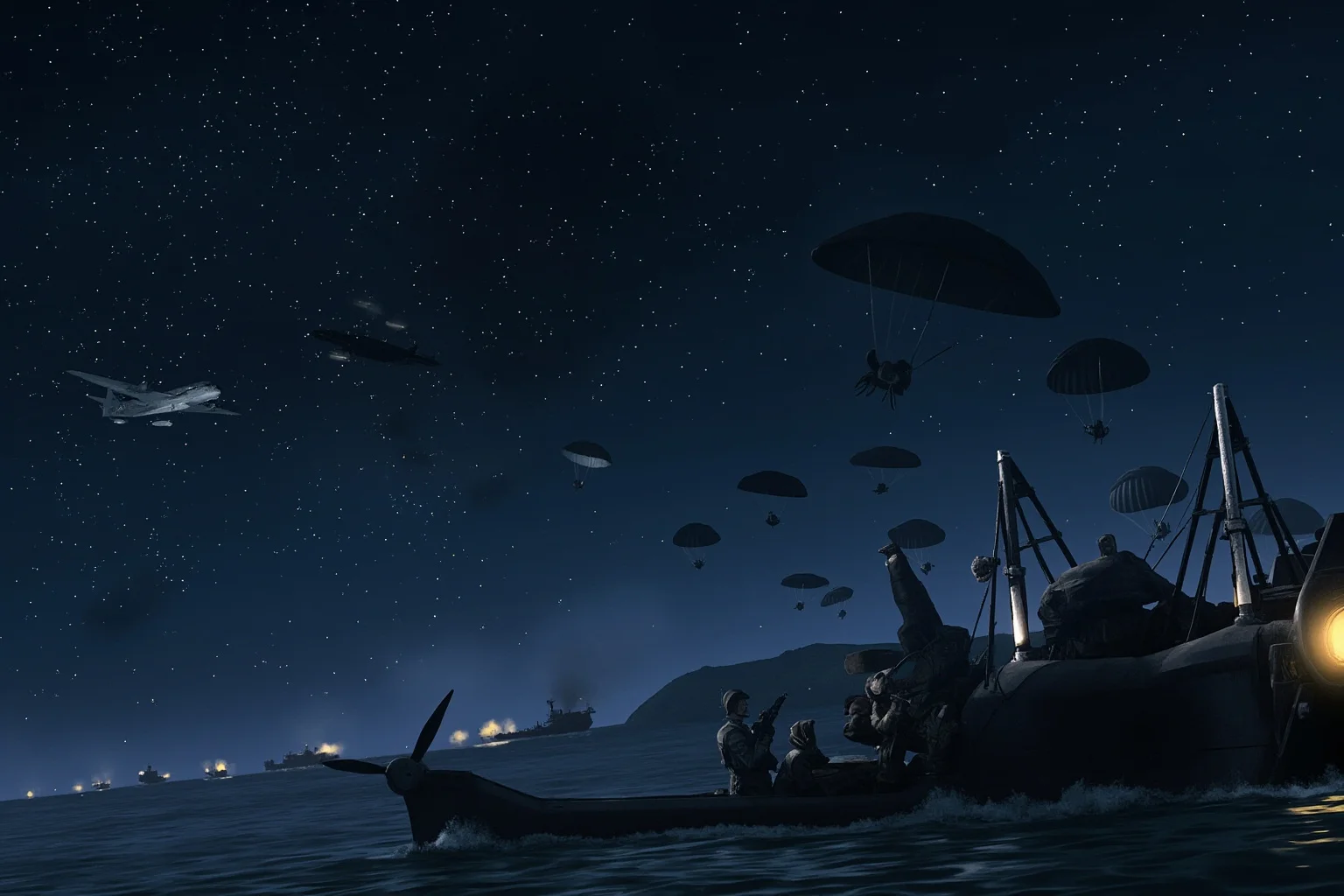 Memorable Moments Of Friendly Fire Throughout History 8 World War II paratroopers descending at night over a coastal invasion fleet with anti-aircraft tracers in the sky, illustrative style