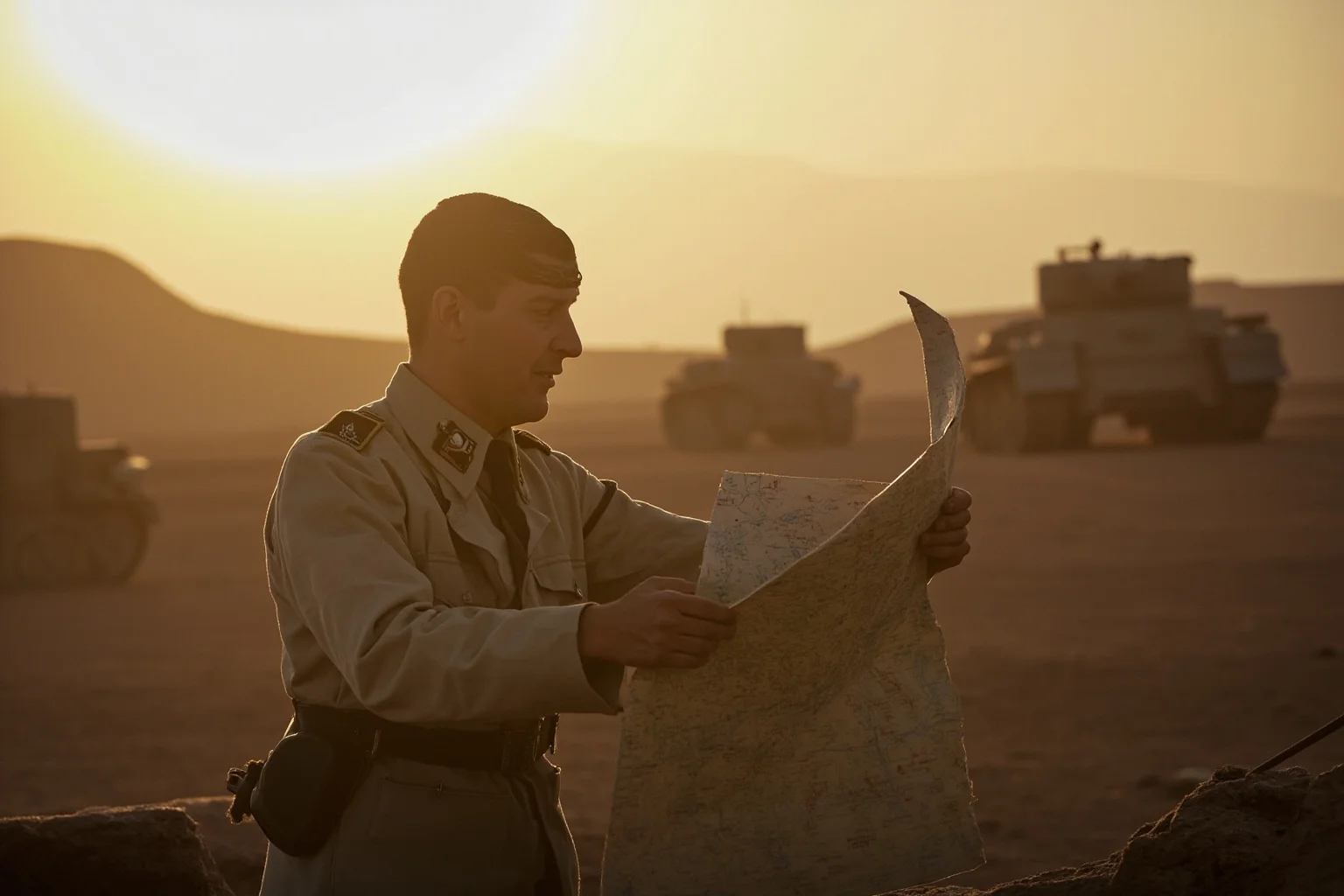 World War II tank commander studying a map in a desert encampment at sunset