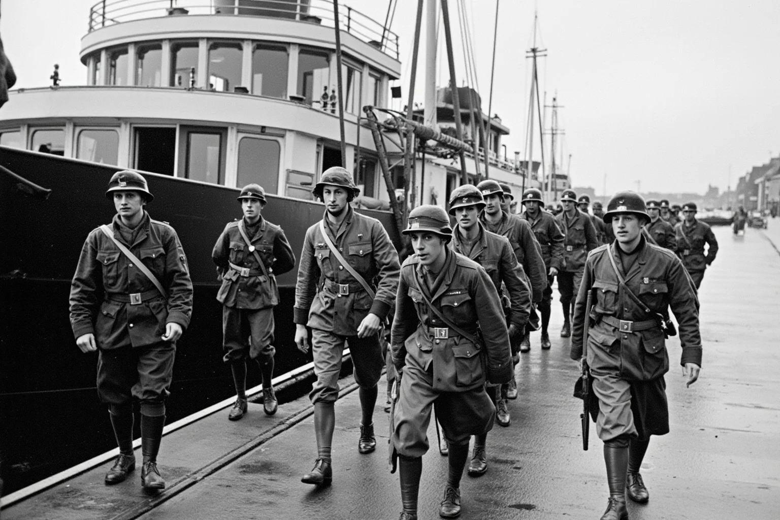 World War One American soldiers disembarking from ships onto a European dock, early 1900s military style