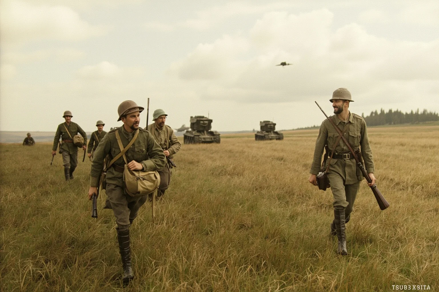 World War One soldiers advancing across an open field with tanks and aircraft in the distance, 1918 style