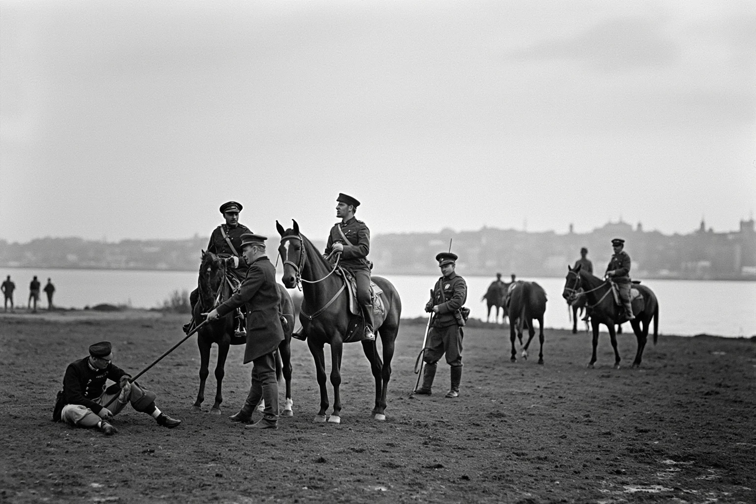 World War One soldiers and cavalry near a river with a distant city skyline, early 1900s military uniforms