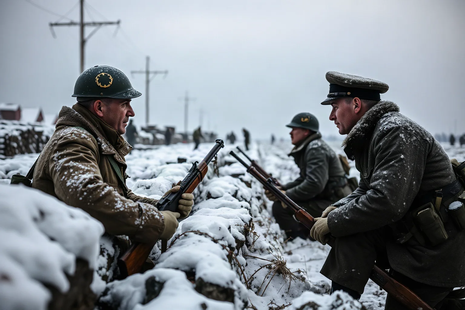 World War One soldiers from opposing trenches meeting peacefully in a snowy no-man's land on Christmas