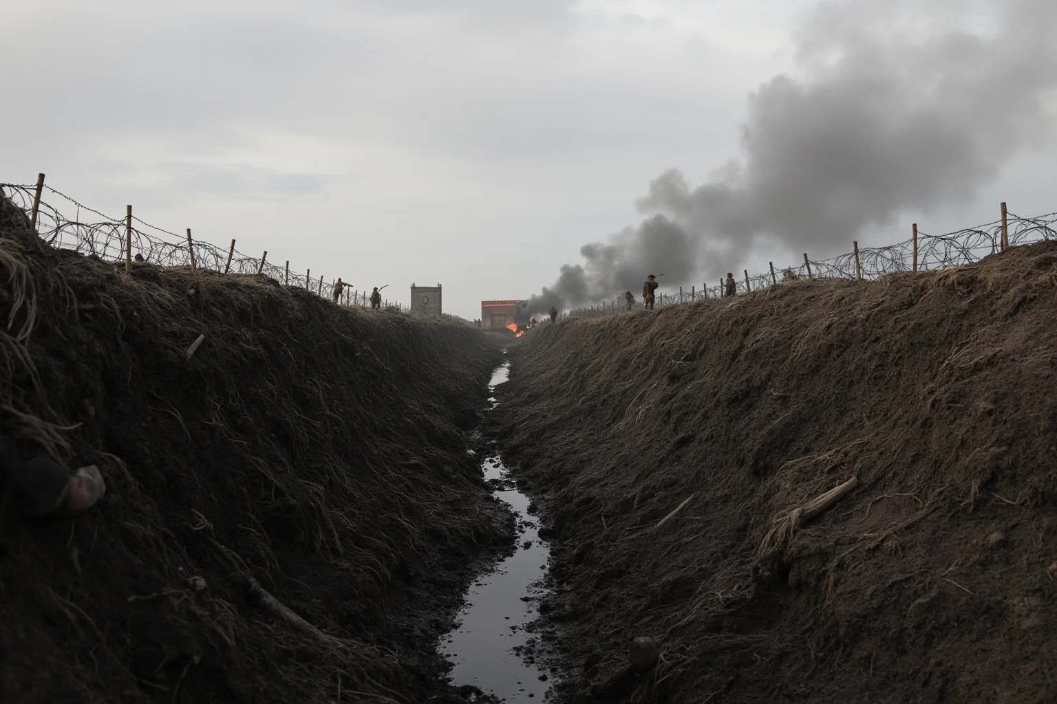 World War One trench warfare scene with soldiers, barbed wire, and a muddy battlefield under gray skies